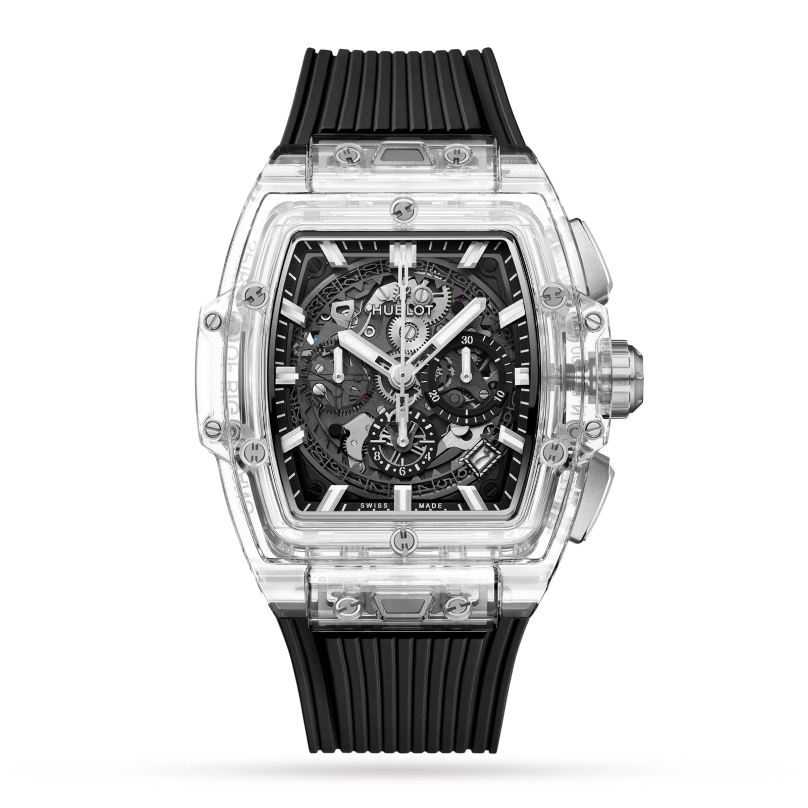The Hublot Spirit Of Big Bang Magic Sapphire is a transparent rectangular watch with a sapphire crystal case, visible mechanical movement, black accents, and a black ribbed rubber strap.