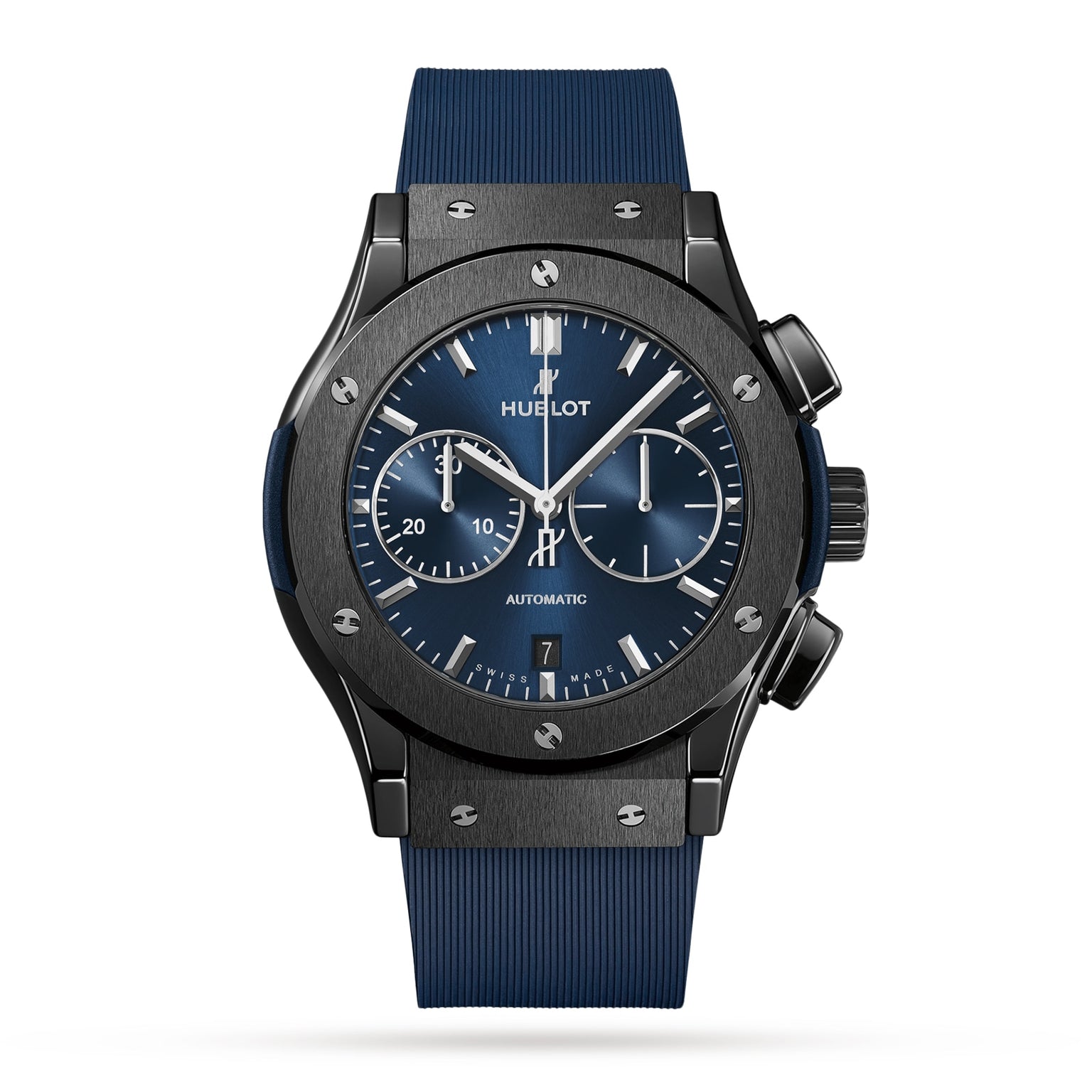 The Hublot Classic Fusion Ceramic Blue Chronograph features a blue sunray dial, black ceramic case, rubber strap, and three subdials, shown against a white background.