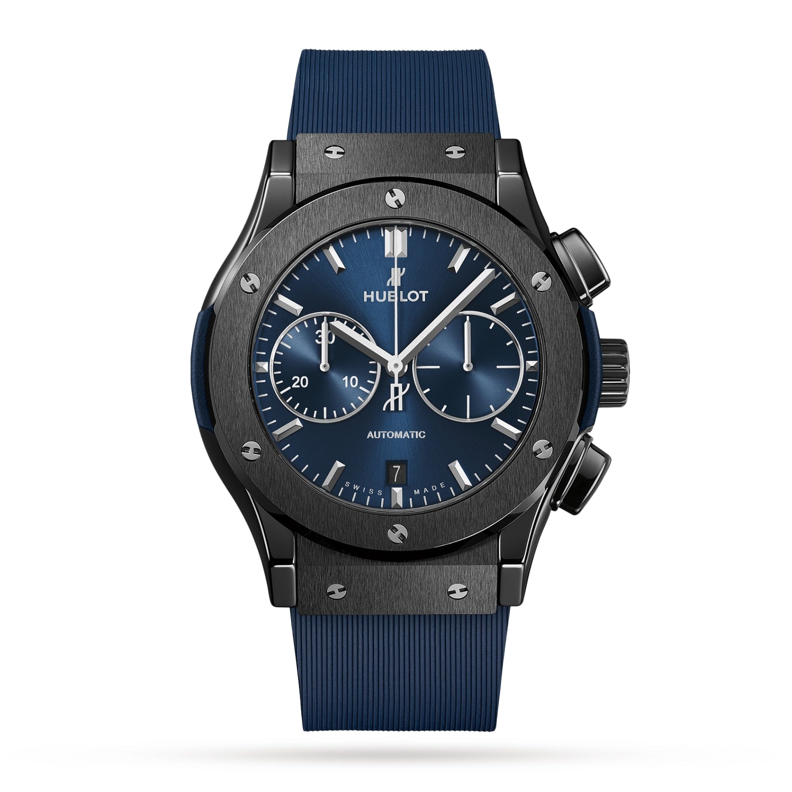 The Hublot Classic Fusion Ceramic Blue Chronograph features a blue sunray dial, black ceramic case, rubber strap, and three subdials, shown against a white background.