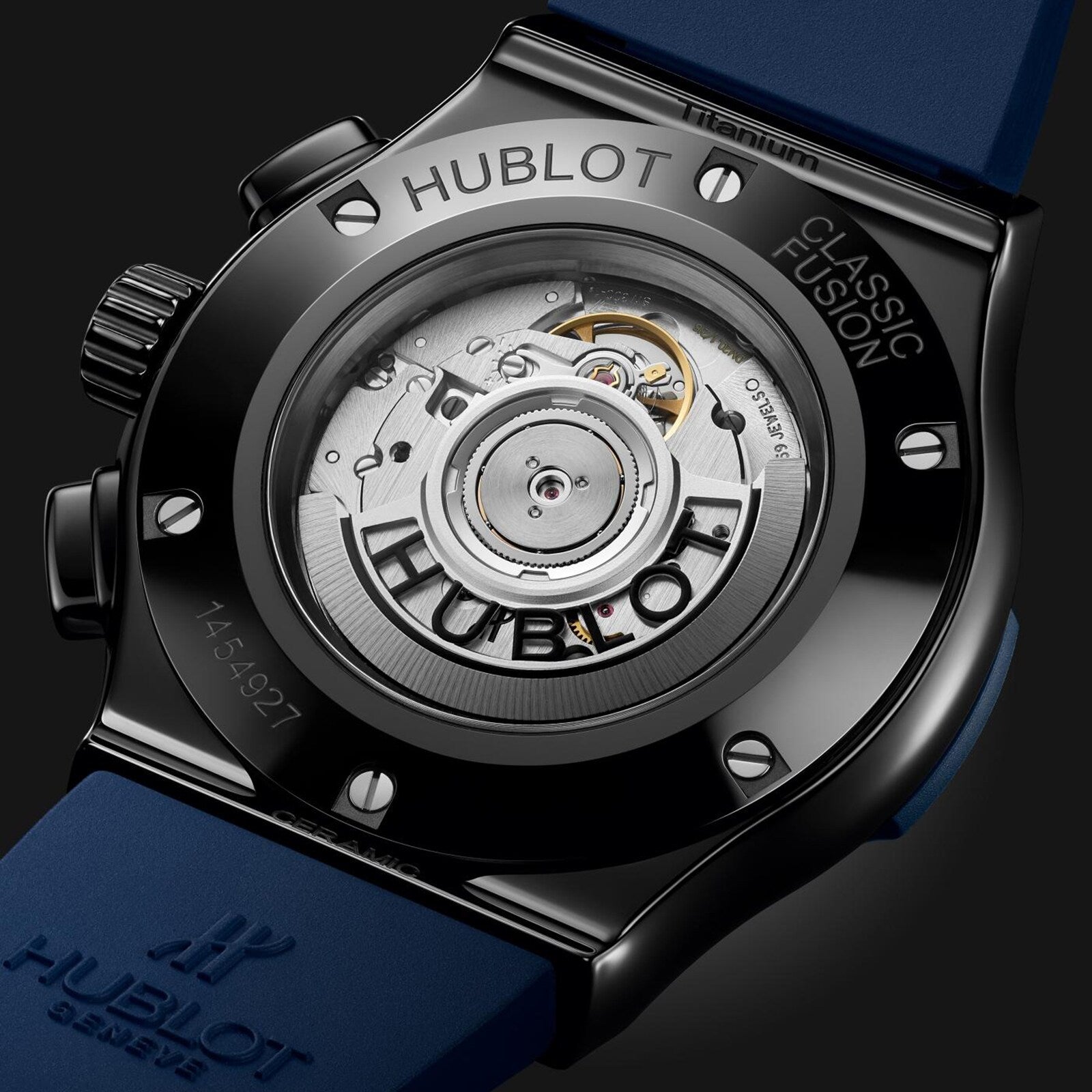 Close-up of the back of a Hublot Classic Fusion Ceramic Blue Chronograph, featuring its exposed mechanical movement and blue strap.