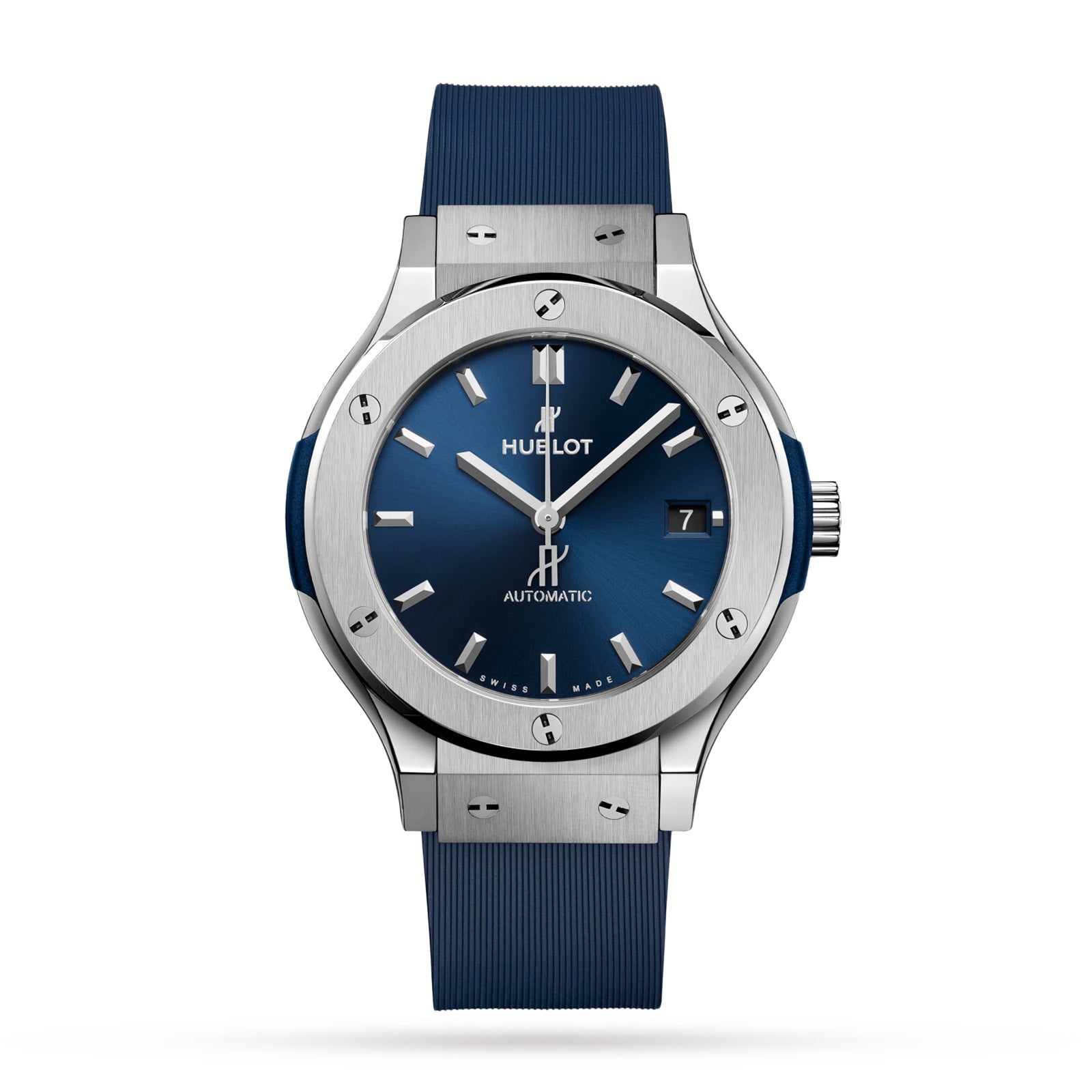 The Hublot Classic Fusion Titanium Blue features a blue dial, titanium case, silver hour markers, date at 3 o’clock, and a blue rubber strap, shown on a white background.