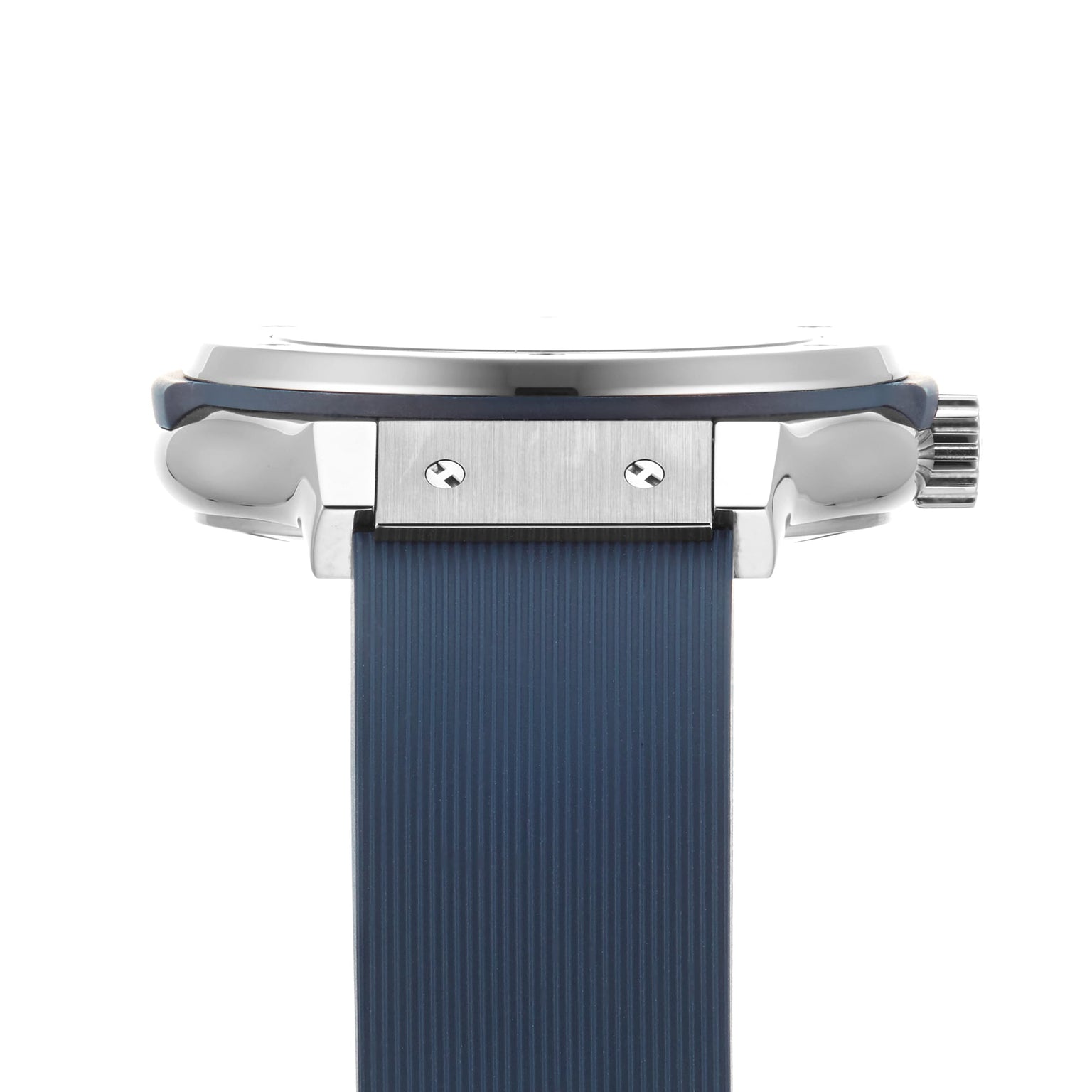 Side view of the Hublot Classic Fusion Titanium Blue, showcasing its titanium case, visible crown, and textured blue rubber strap.