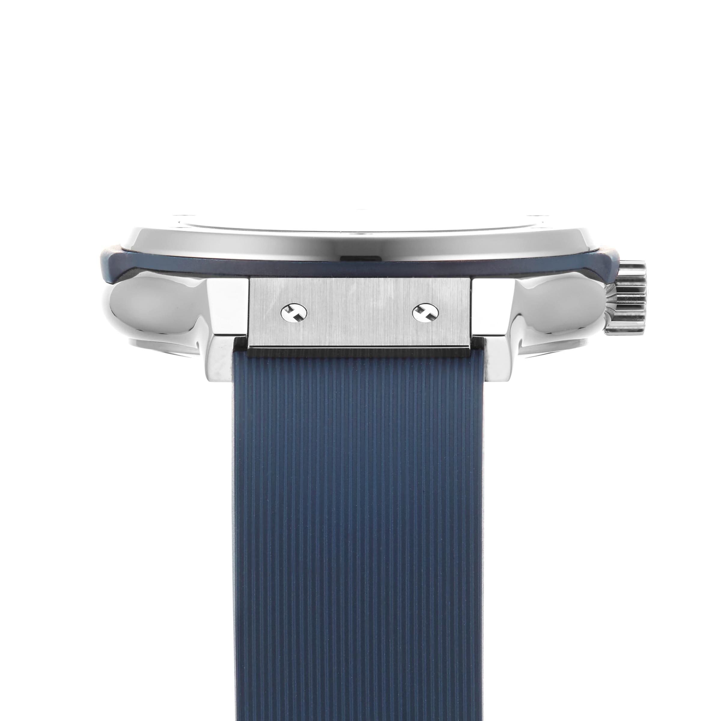 Side view of the Hublot Classic Fusion Titanium Blue, showcasing its titanium case, visible crown, and textured blue rubber strap.