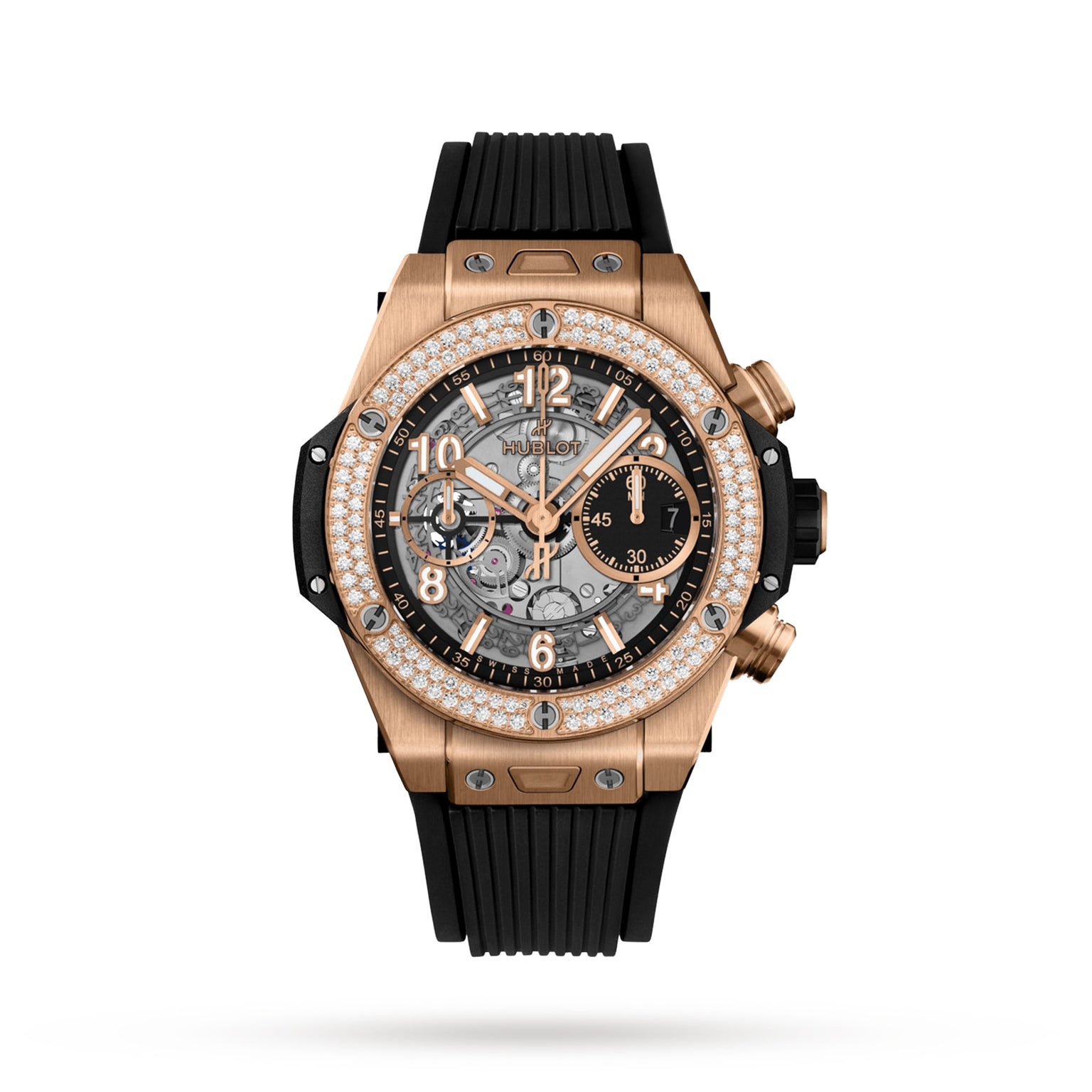 The Hublot Big Bang Unico King Diamonds watch features gold, diamond accents, a black rubber strap, visible Unico 2 gears, and multiple subdials on a white background.