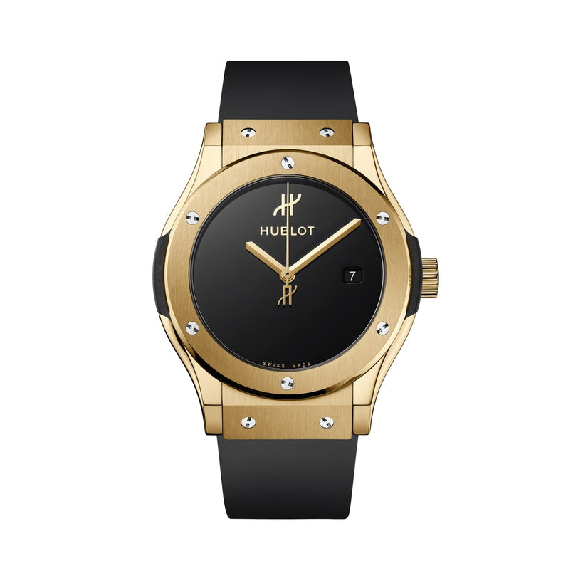 The Hublot Classic Fusion Original Yellow Gold features an 18K yellow gold case, black dial, black strap, silver bezel screws, HUB1110 automatic movement, and a date display at 3 o’clock.