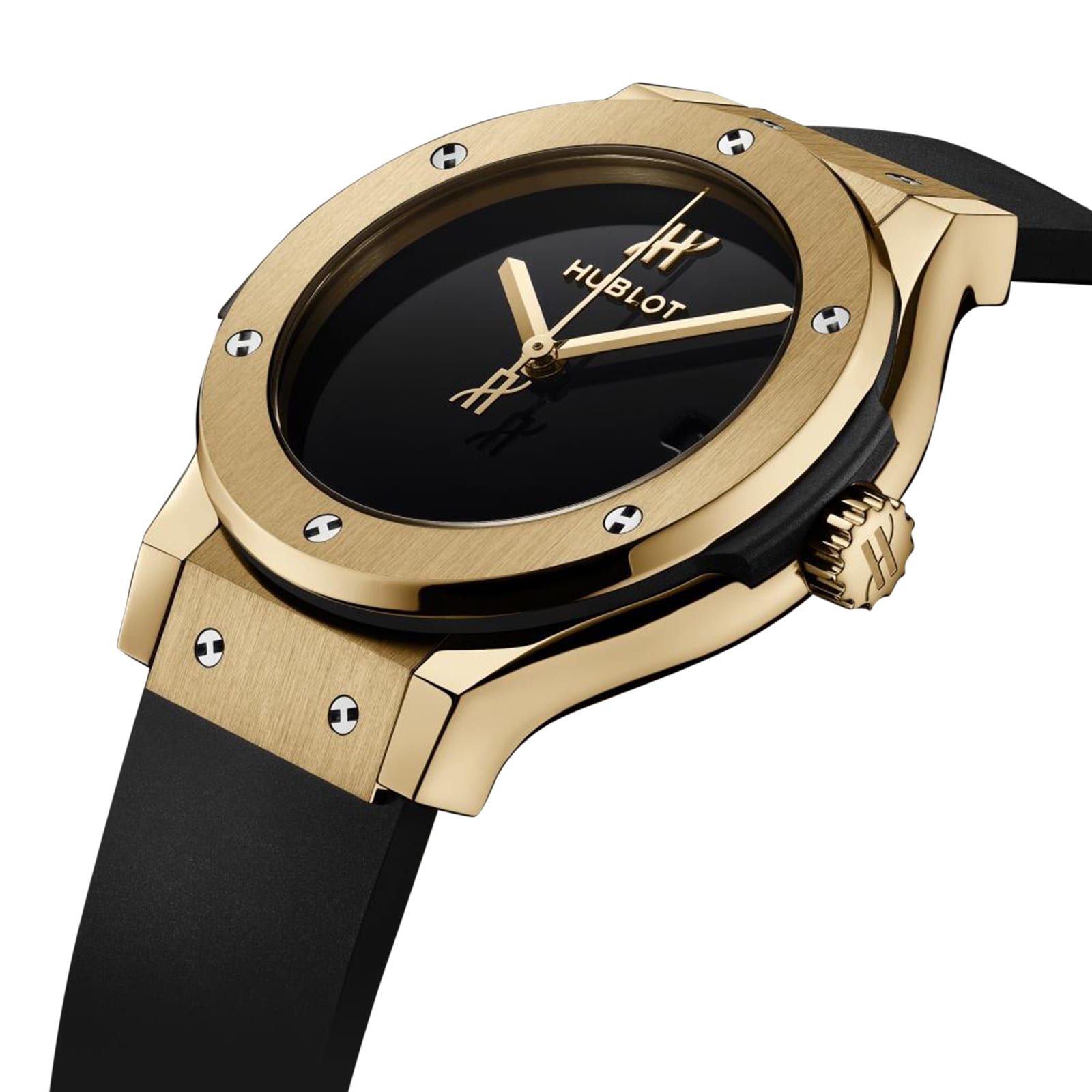 The Hublot Classic Fusion Original Yellow Gold wristwatch features a black dial, minimalist design, black rubber strap, and self-winding calibre movement, shown from an angled view.