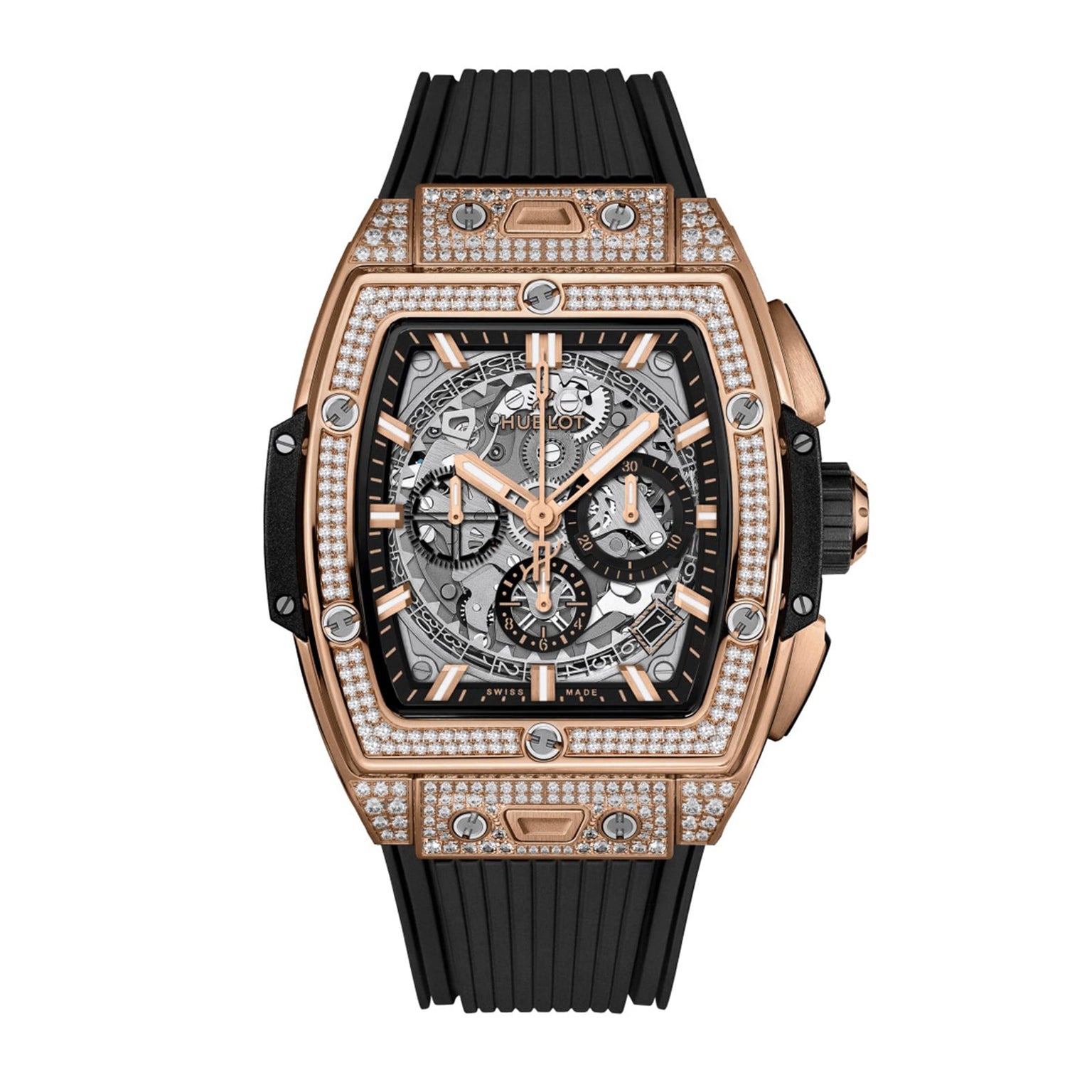 The Hublot Spirit Of Big Bang King Gold Pavé is a luxury watch with a King Gold alloy, diamond-encrusted rectangular case, skeletonized design showing intricate gears, chronograph dials, and a black rubber strap.