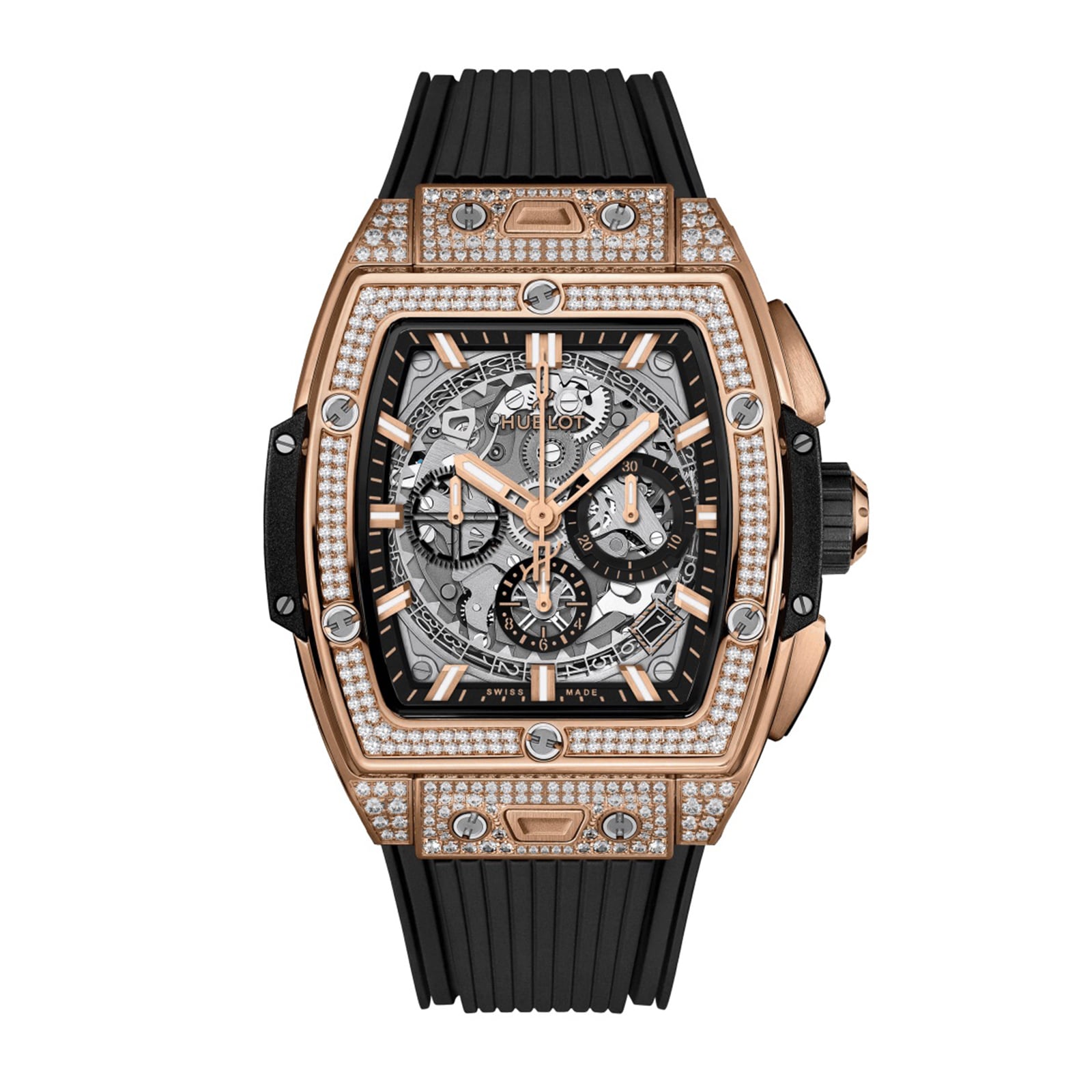 The Hublot Spirit Of Big Bang King Gold Pavé is a luxury watch with a King Gold alloy, diamond-encrusted rectangular case, skeletonized design showing intricate gears, chronograph dials, and a black rubber strap.