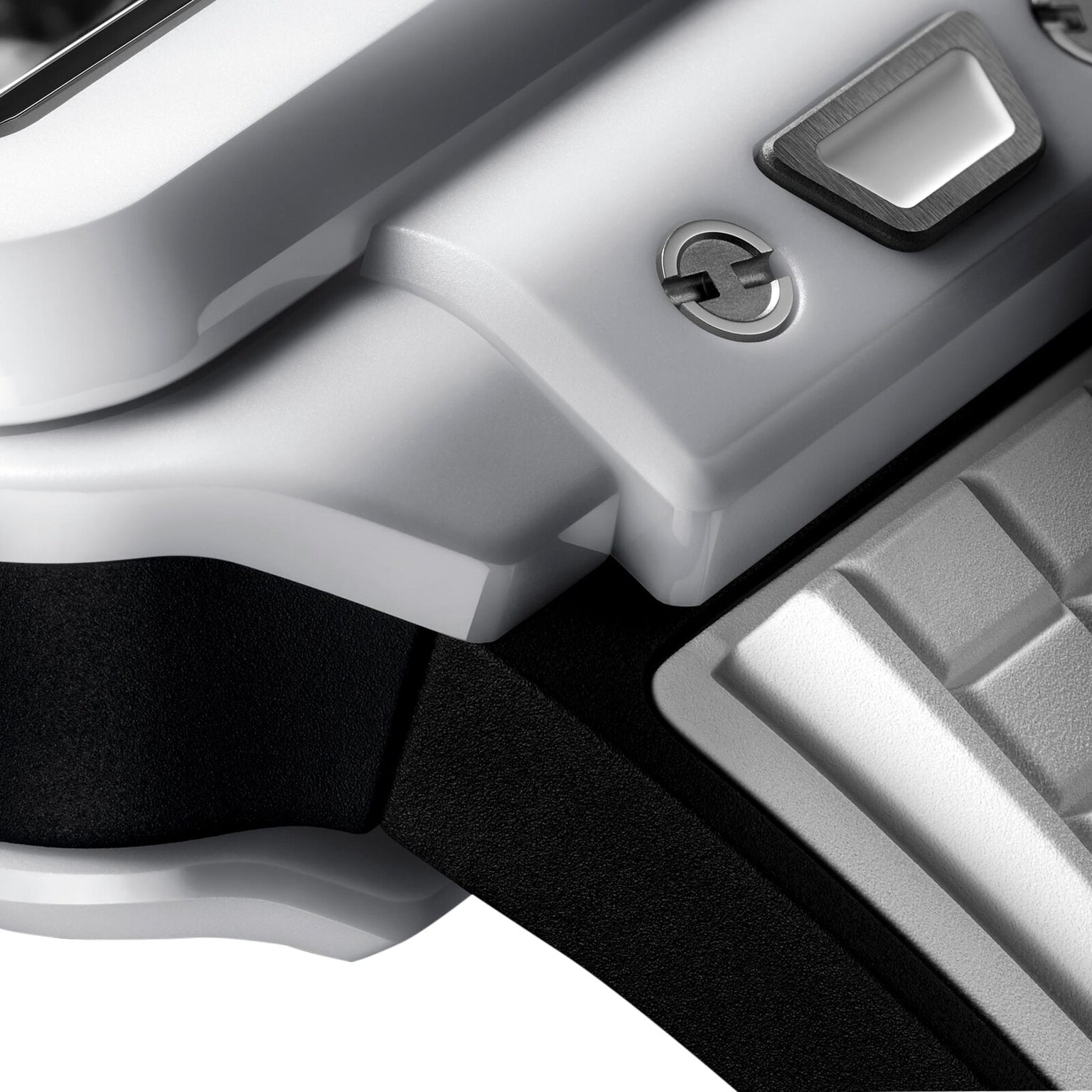 Close-up of the Hublot Square Bang Unico White Ceramic, featuring a silver digital display, Square Bang-inspired bezel, detailed casing, side buttons, and strap.