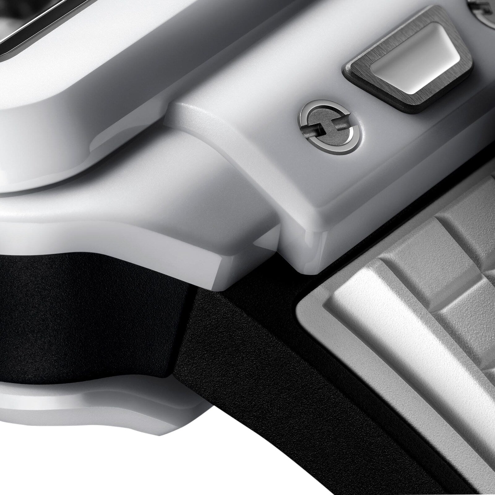 Close-up of the Hublot Square Bang Unico White Ceramic, featuring a silver digital display, Square Bang-inspired bezel, detailed casing, side buttons, and strap.