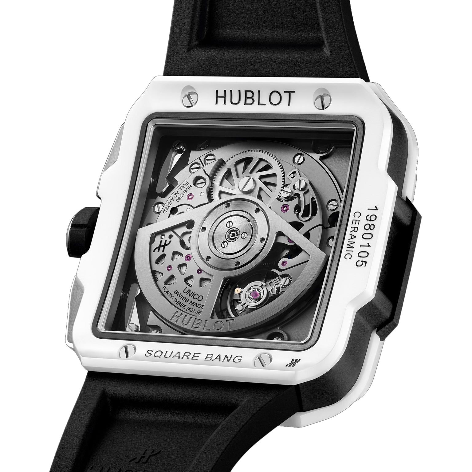 A close-up of the Hublot Square Bang Unico White Ceramic wristwatch, featuring a white ceramic case, black strap, and visible skeletonized Unico movement.