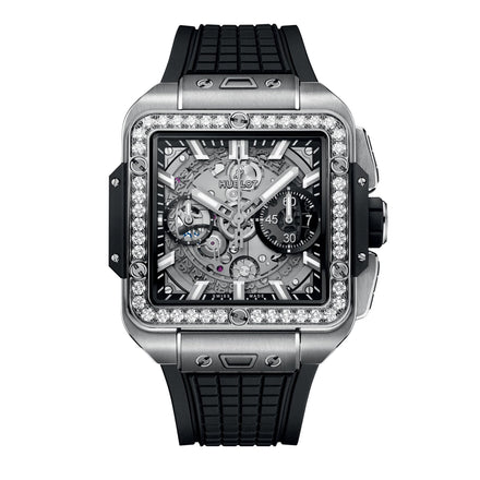 The Hublot Square Bang Unico Titanium Diamonds features a titanium case, skeleton dial, diamond-set bezel, silver accents, black subdials and rubber strap. Powered by the HUB1280 UNICO movement for exceptional style and precision.