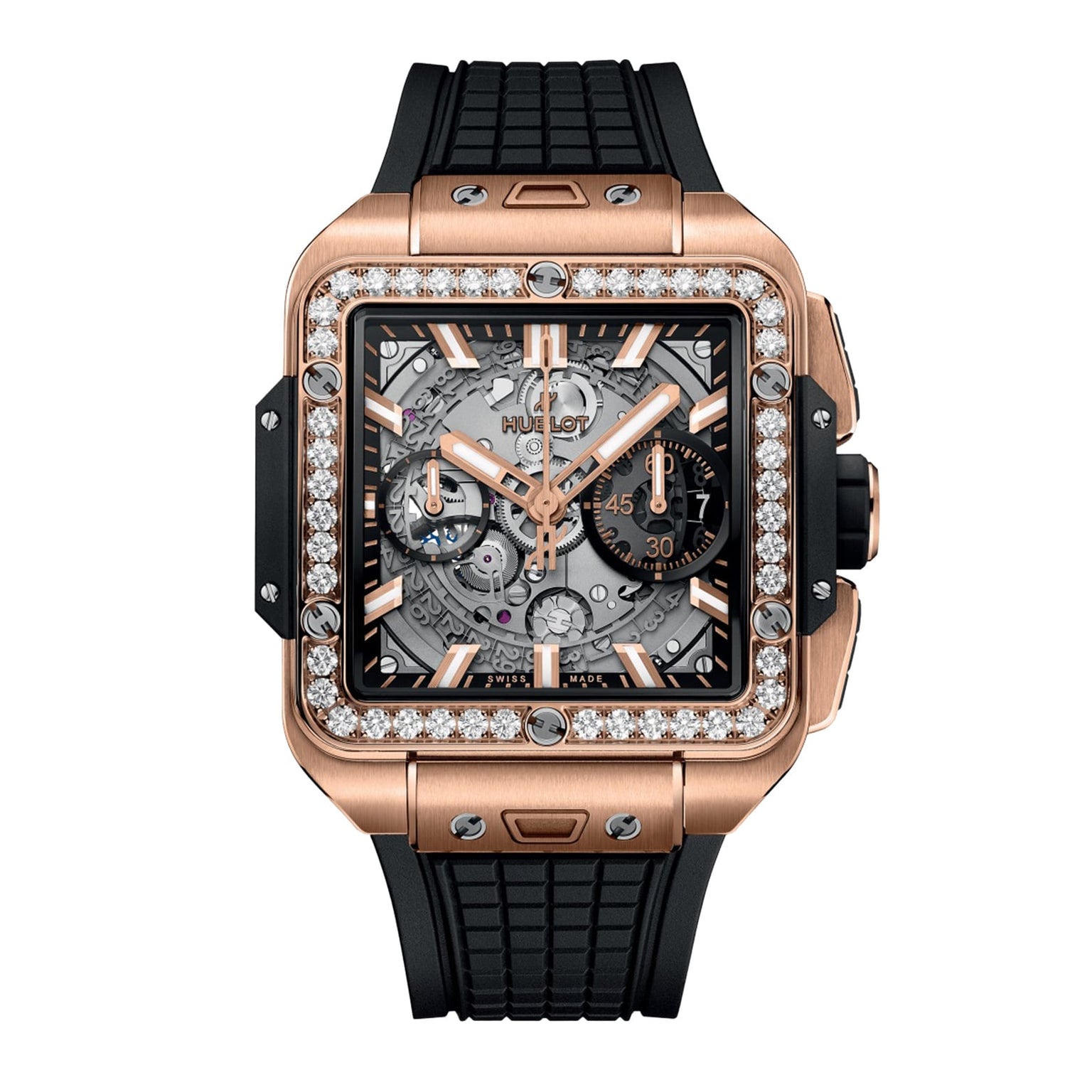 The Hublot Square Bang Unico King Gold Diamonds features a King Gold case, diamond-set bezel, visible Unico movement, and a black rubber strap.