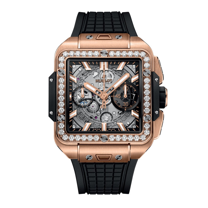 The Hublot Square Bang Unico King Gold Diamonds features a King Gold case, diamond-set bezel, visible Unico movement, and a black rubber strap.