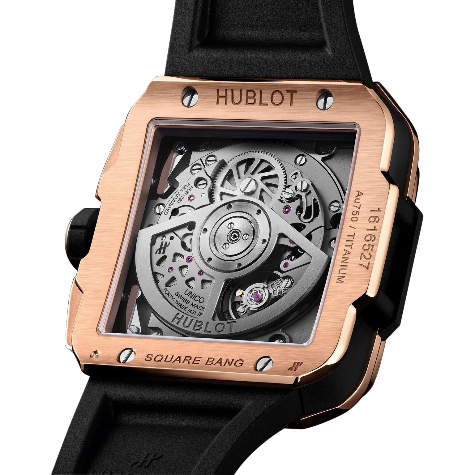 Close-up of the Hublot Square Bang Unico King Gold Diamonds, showcasing its Unico movement through a transparent case with rose gold and titanium accents.