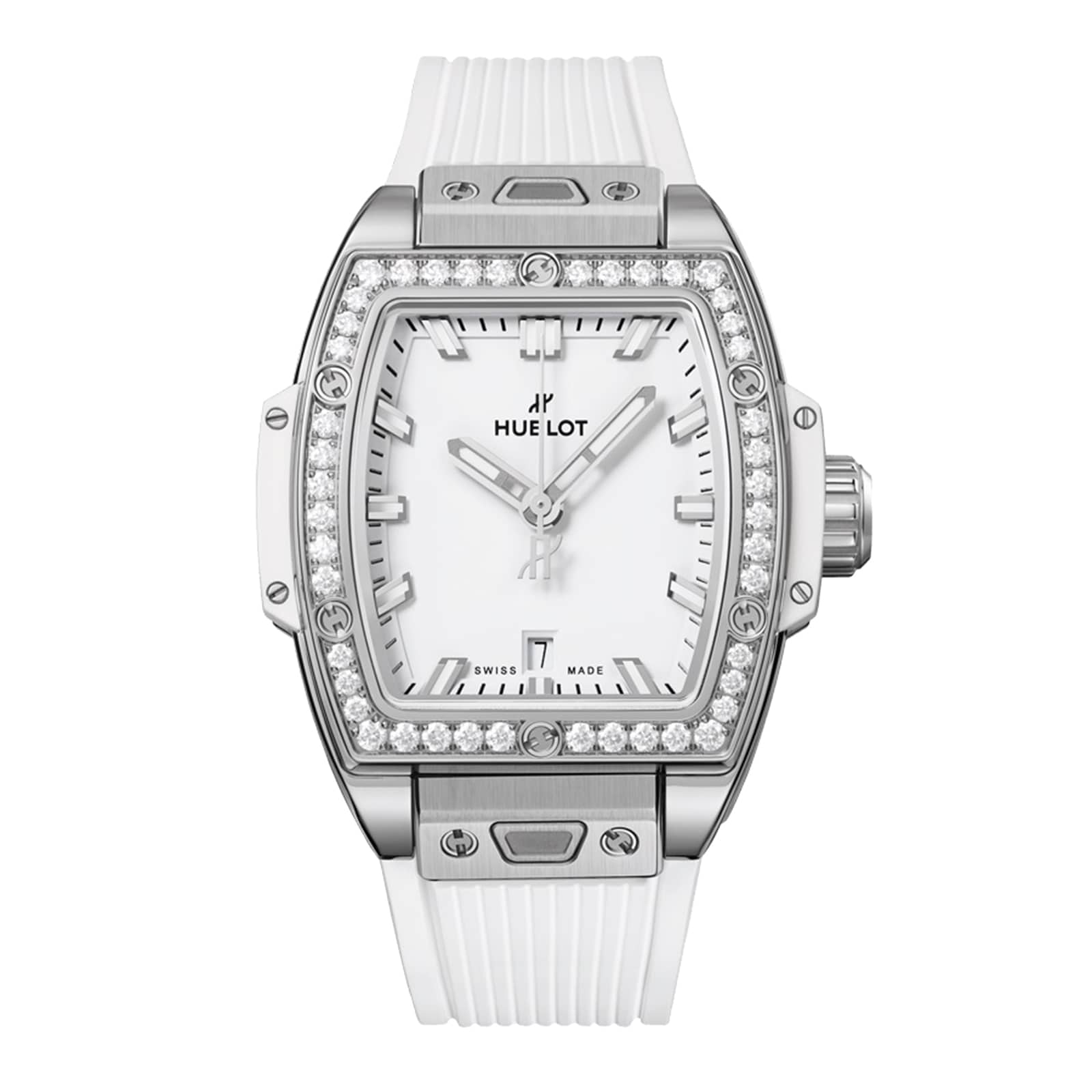 The Hublot Spirit Of Big Bang Steel White Diamonds watch features a white dial, diamond-set bezel, self-winding movement, and a white textured strap, shown against a plain background.