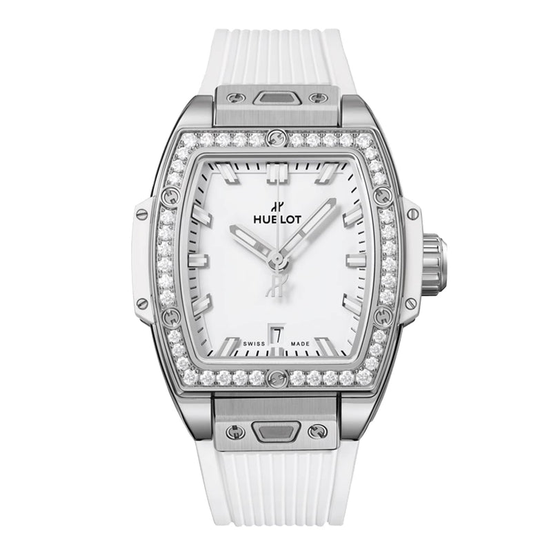 The Hublot Spirit Of Big Bang Steel White Diamonds watch features a white dial, diamond-set bezel, self-winding movement, and a white textured strap, shown against a plain background.