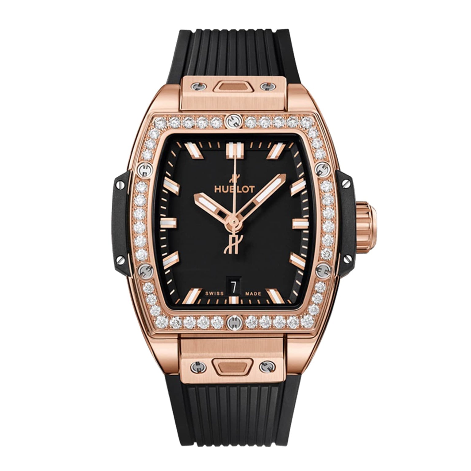 The Hublot Spirit Of Big Bang King Gold Diamonds features a rectangular 18K King gold case, diamond bezel, black dial with date display, and a black rubber strap.