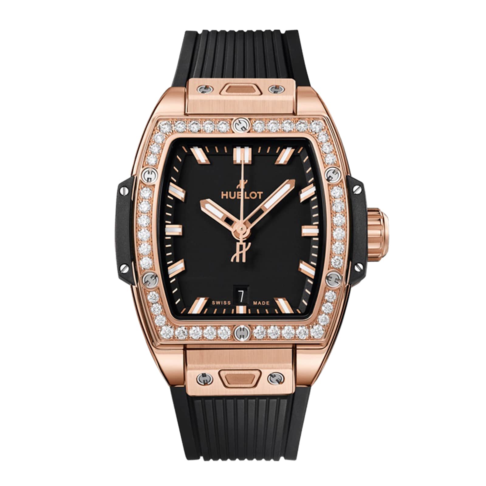 The Hublot Spirit Of Big Bang King Gold Diamonds features a rectangular 18K King gold case, diamond bezel, black dial with date display, and a black rubber strap.