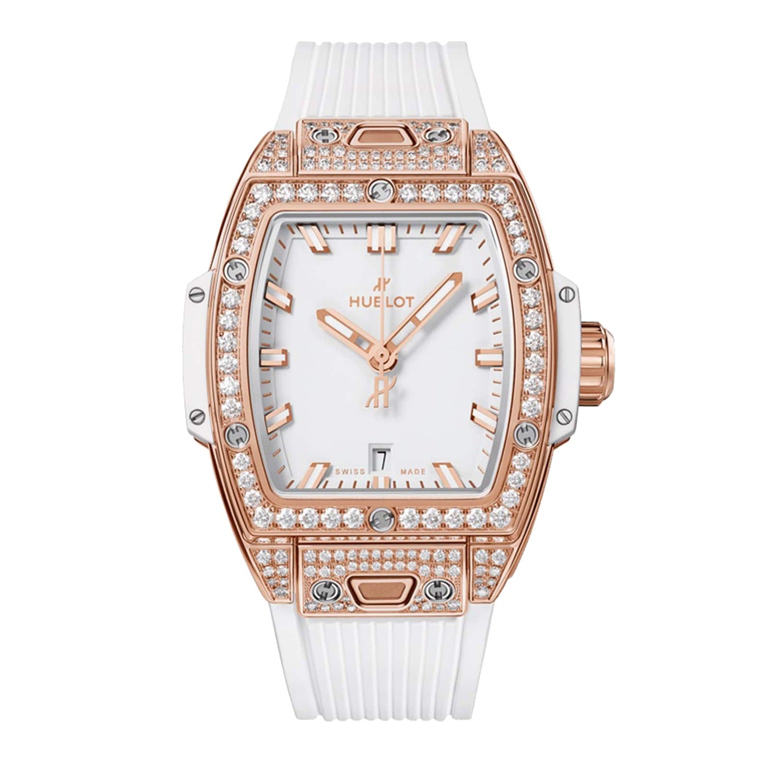 The Hublot Spirit Of Big Bang King Gold White Pavé features a rectangular face, King Gold accents, a diamond-set bezel, and a white rubber strap.