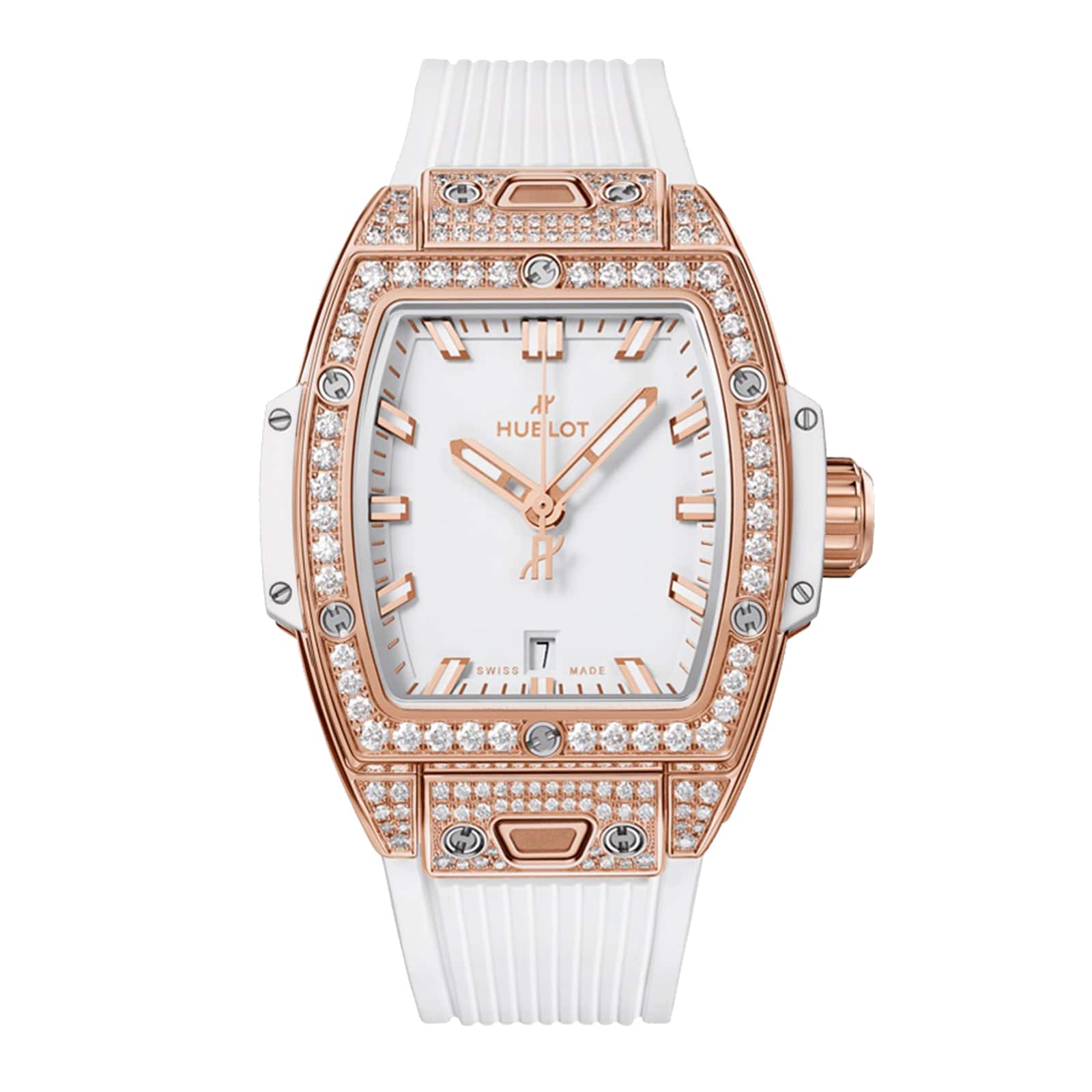 The Hublot Spirit Of Big Bang King Gold White Pavé features a rectangular face, King Gold accents, a diamond-set bezel, and a white rubber strap.