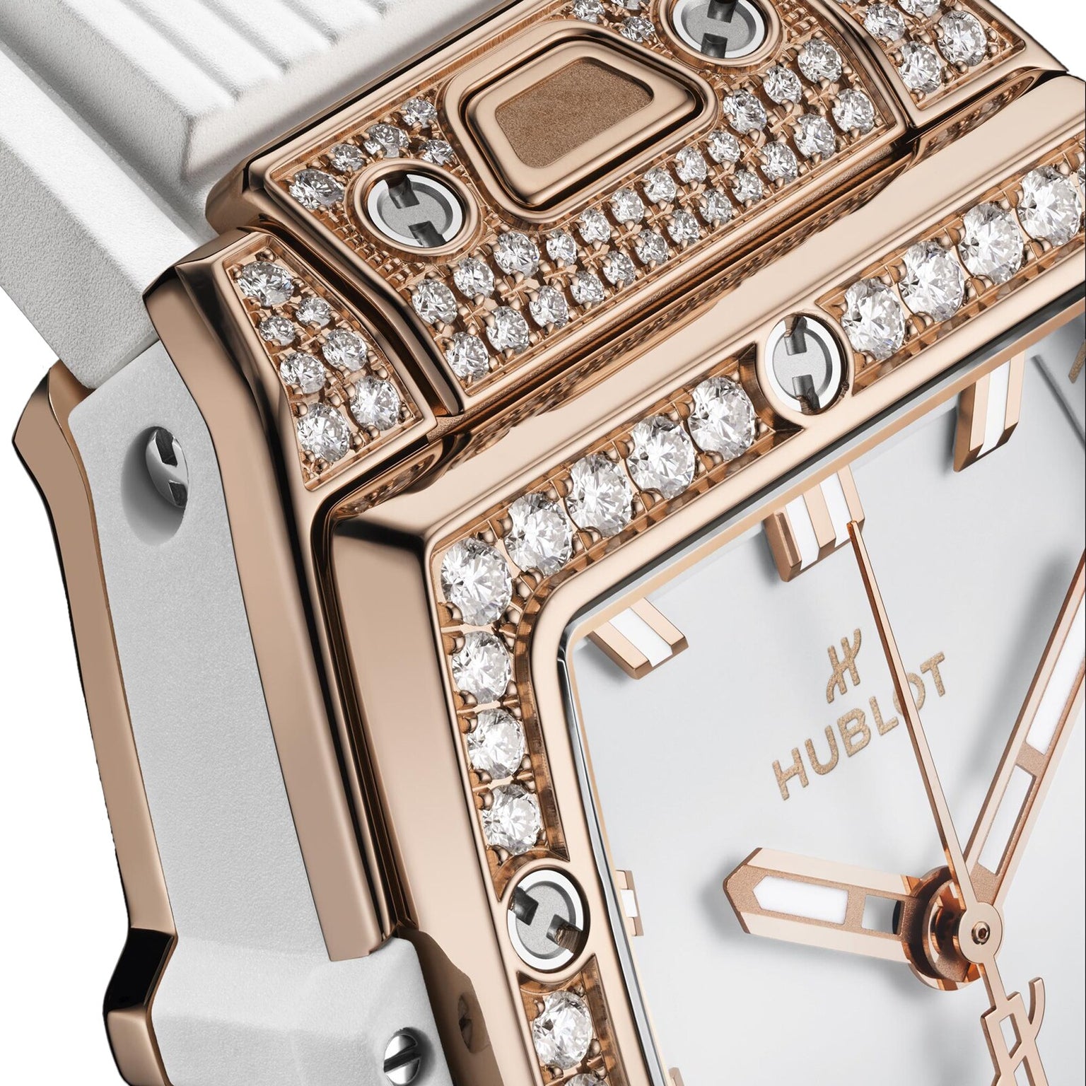 Close-up of the Hublot Spirit Of Big Bang King Gold White Pavé, featuring a white strap, king gold case, and sparkling diamond accents on the bezel and face.