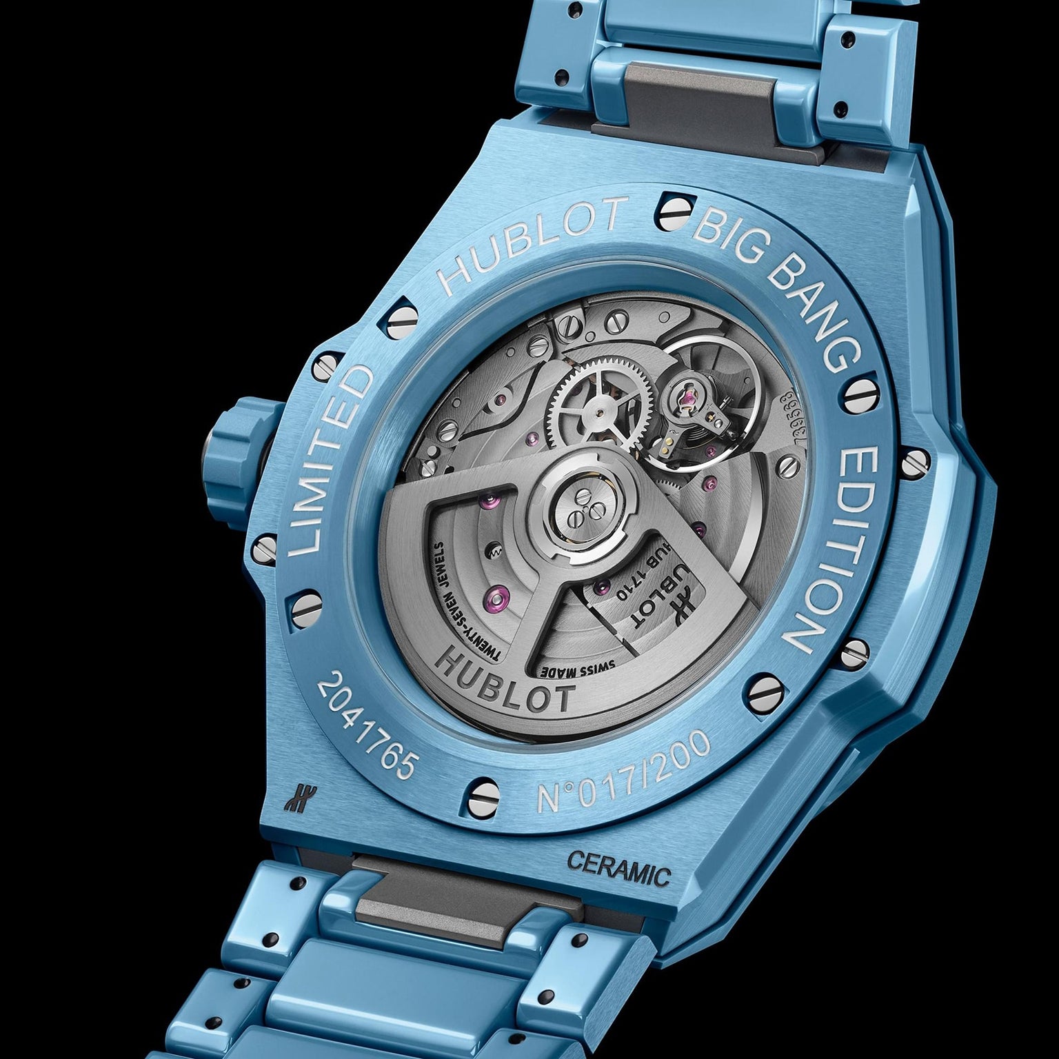 Close-up of the back of the Hublot Big Bang Integrated Time Only Sky Blue Ceramic, revealing its automatic HUB1710 calibre and limited edition marking 017/200.