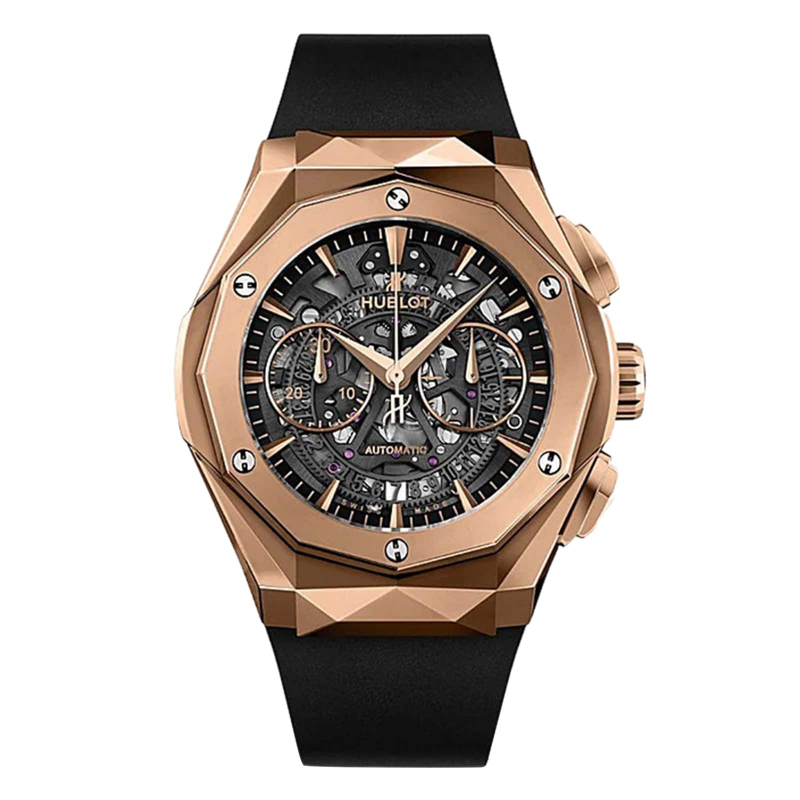 The Hublot Classic Fusion Aerofusion King Gold features a rose gold case, black skeleton dial with visible gears, two subdials, and a black rubber strap—exemplifying modern luxury in every detail.
