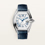 Silver-tone watch with white dial, blue Roman numerals, date window, and dark blue leather strap.