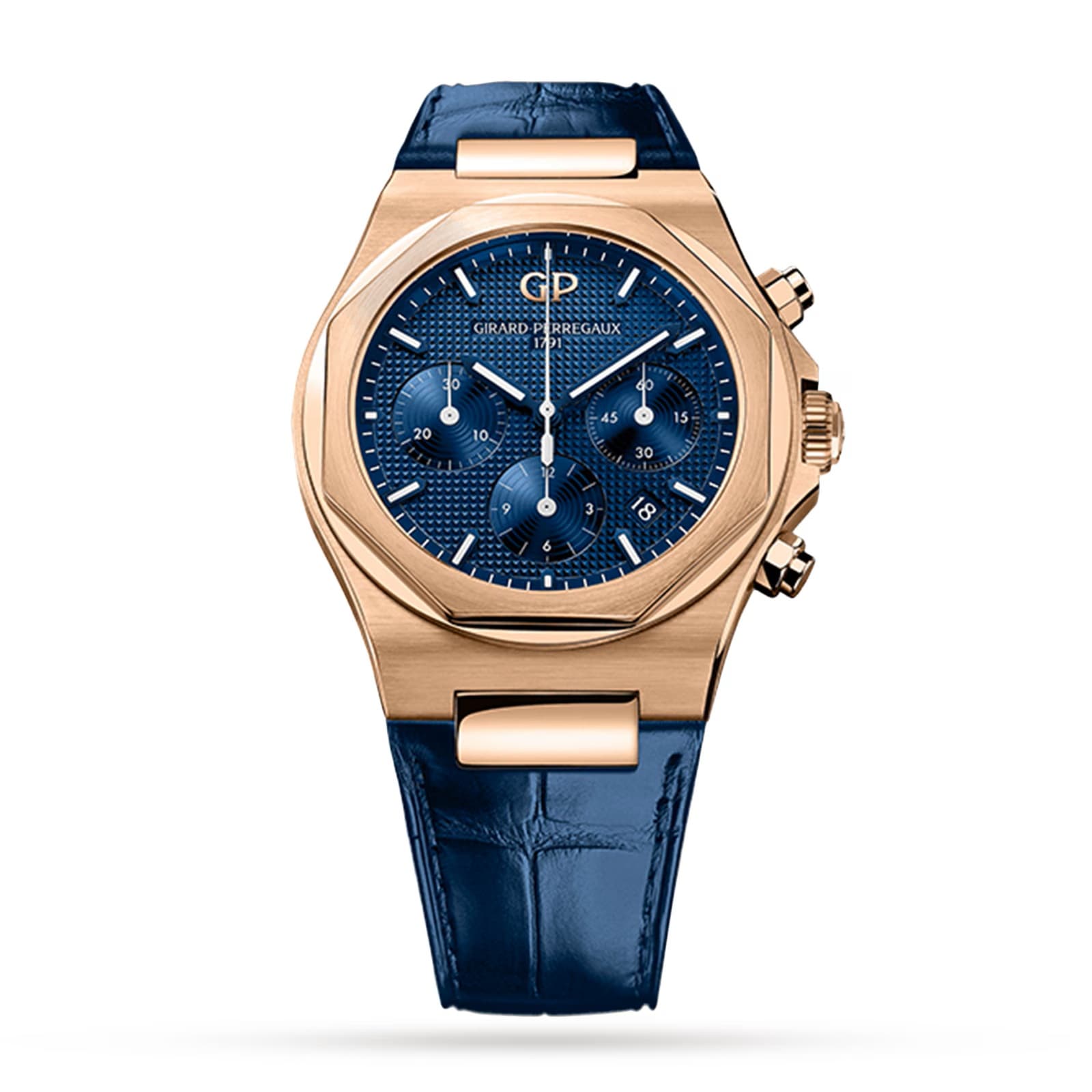 The Girard-Perregaux Laureato Chronograph 42 features a blue textured dial with three subdials and a blue leather strap, displaying refined aesthetic details against a plain white background.