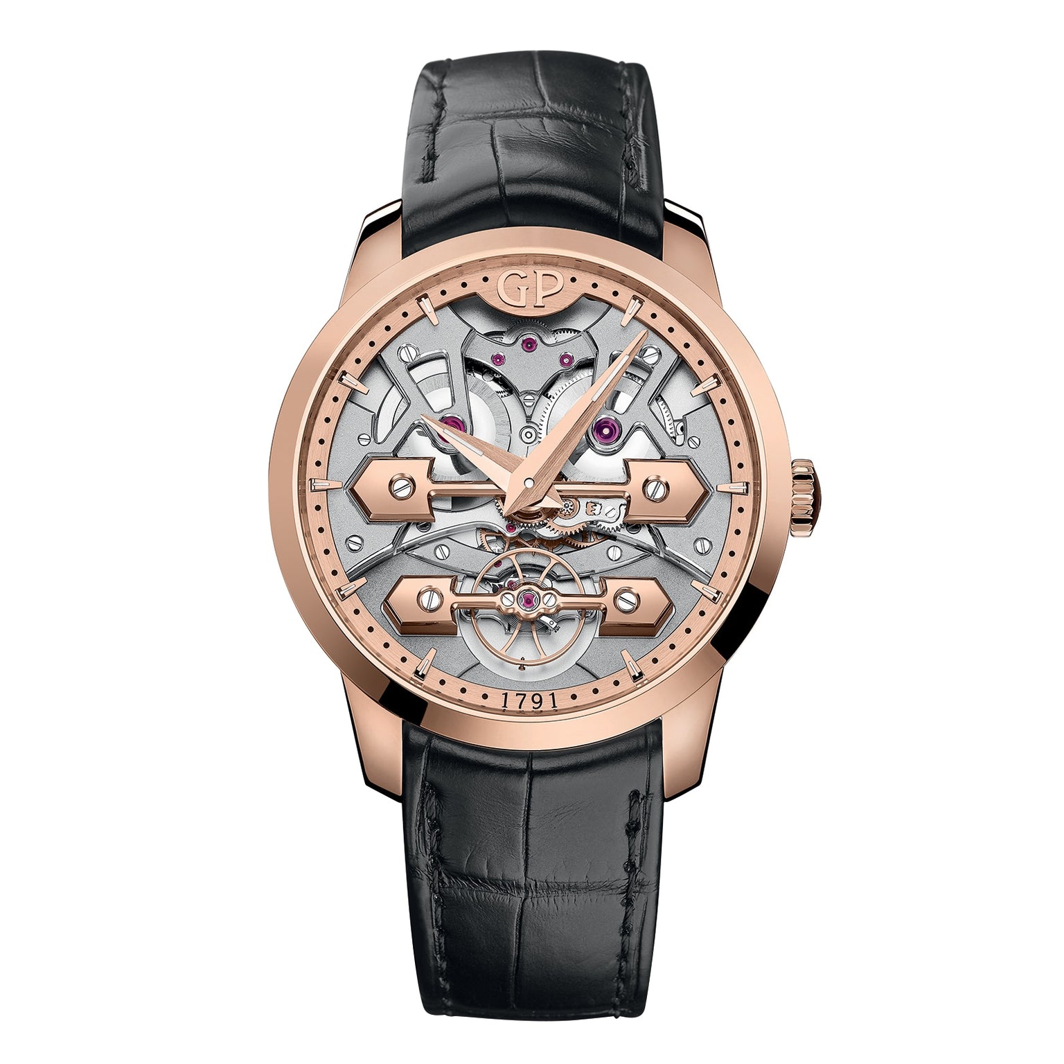 The Girard-Perregaux Classic Bridges 45 is a luxury wristwatch featuring an exposed mechanical movement, rose gold case, and black leather strap.