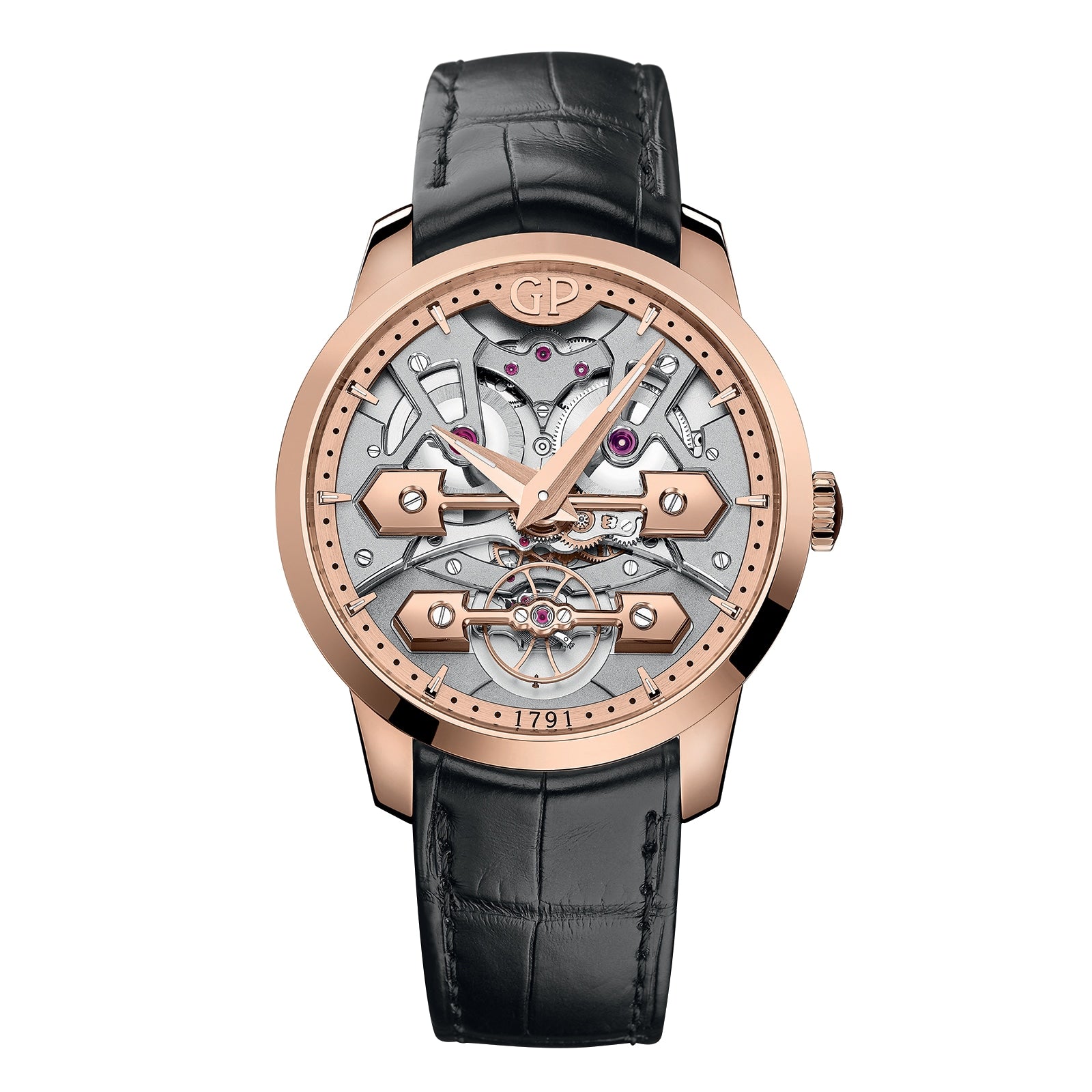 The Girard-Perregaux Classic Bridges 45 is a luxury wristwatch featuring an exposed mechanical movement, rose gold case, and black leather strap.