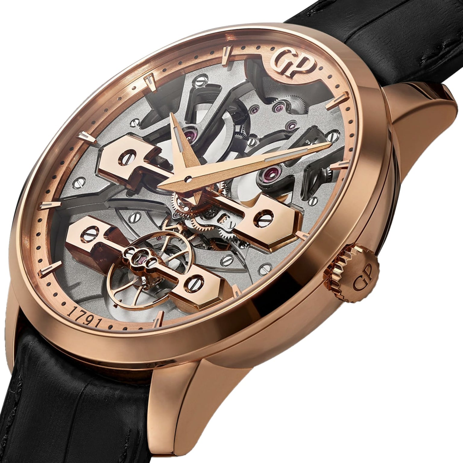 A close-up of the Girard-Perregaux Classic Bridges 45, showcasing a rose gold case, visible skeleton movement, black leather strap, and GP branding on the crown and dial.