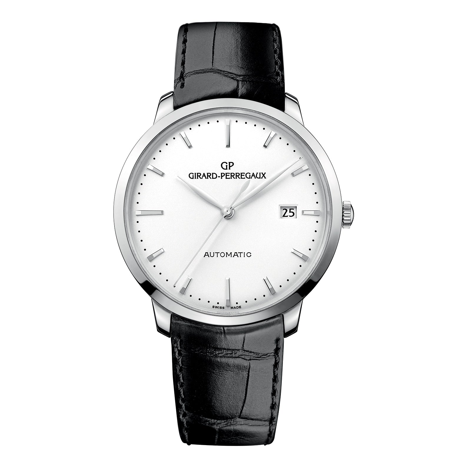 The Girard-Perregaux 1966 40 features a white dial, black leather strap, and date display at 3 o’clock—a timeless wristwatch.