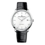 The Girard-Perregaux 1966 40 features a white dial, black leather strap, and date display at 3 o’clock—a timeless wristwatch.