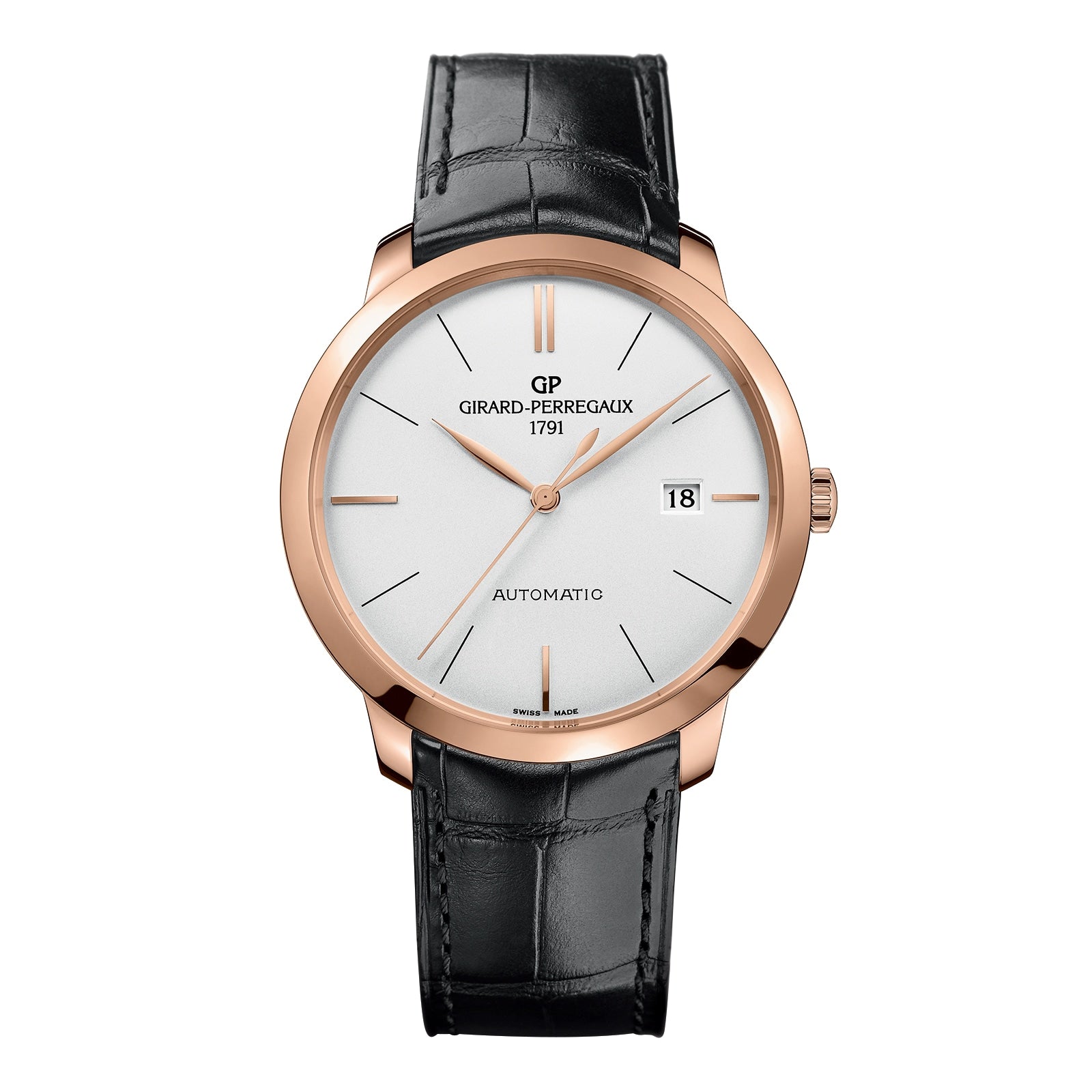 The Girard-Perregaux 1966 40 features a white dial, pink gold case, black leather strap, date window at 3 o’clock, and “1791” below the brand—a timeless icon of fine watchmaking.