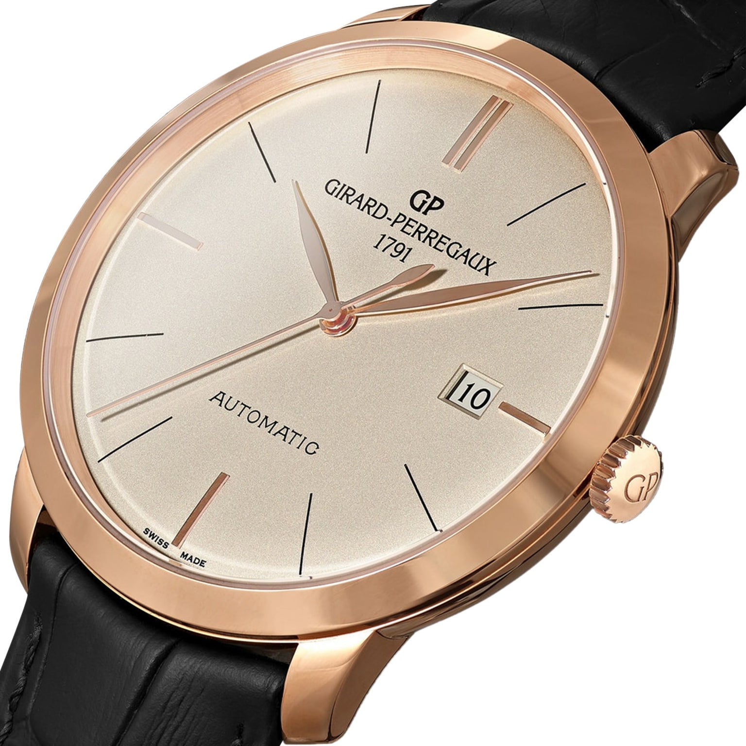The Girard-Perregaux 1966 40 is a timeless icon with a pink gold case, beige dial, black leather strap, date at 3 oclock, and simple hour markers.