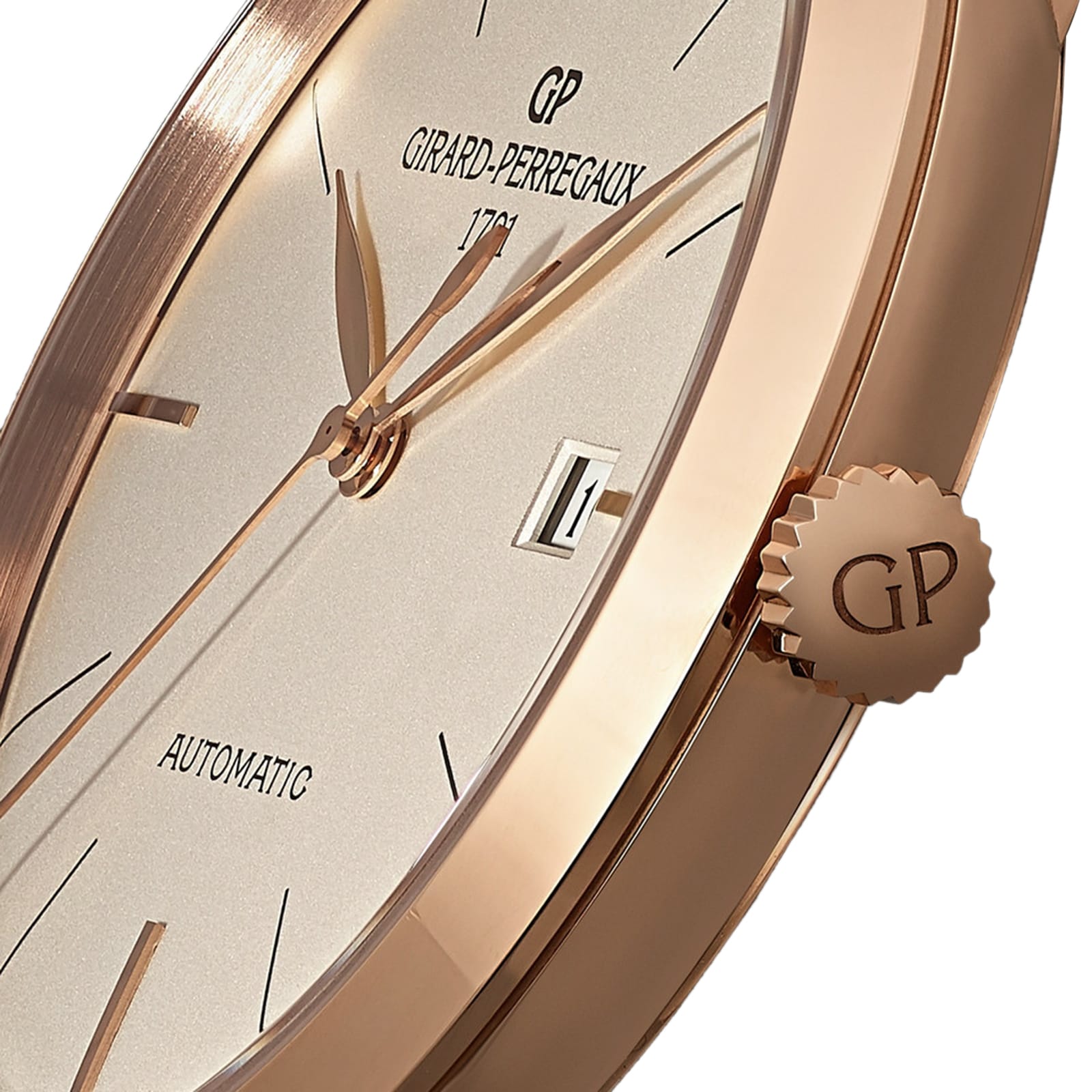 Close-up of the Girard-Perregaux 1966 40 automatic wristwatch, featuring a pink gold case, white dial, date display, and GP crown—an enduring symbol of Swiss chronometric excellence.