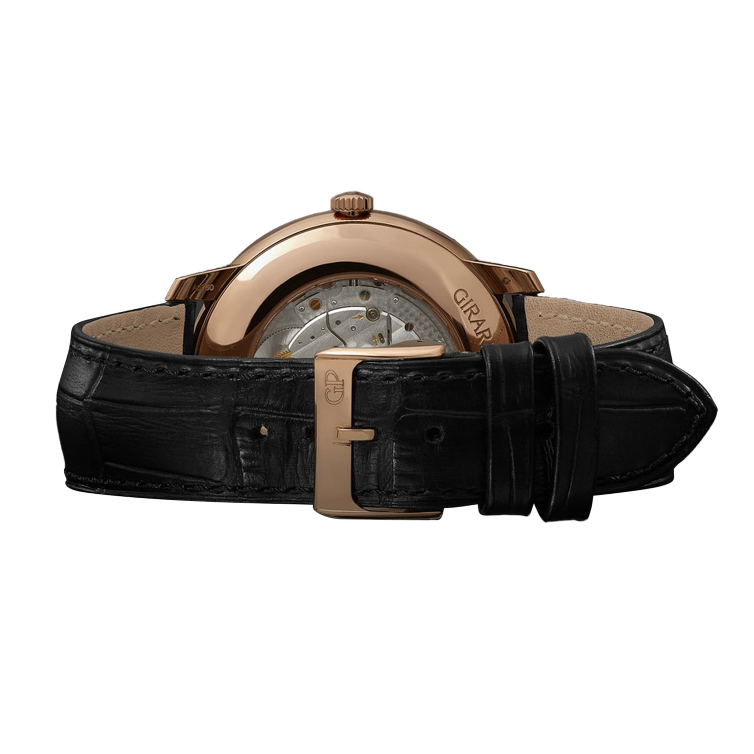 Rear view of the Girard-Perregaux 1966 40: a luxury wristwatch with a pink gold case, open caseback revealing the movement, and a black leather strap with a gold buckle.