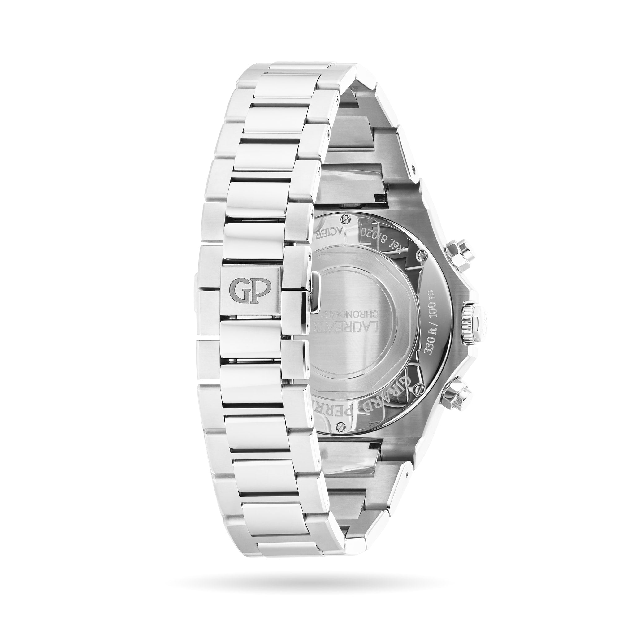 Back view of the Girard-Perregaux Laureato Chronograph 42 with a stainless steel link bracelet, engraved caseback, and GP-clasp, highlighting its refined design and housing the calibre GP03300.