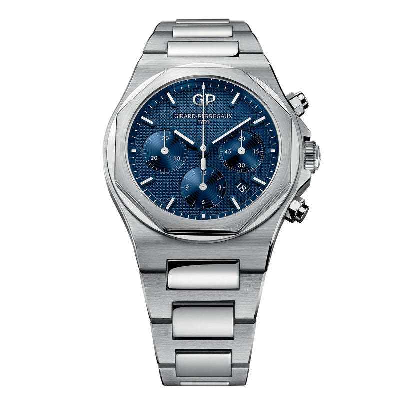 The Girard-Perregaux Laureato Chronograph 42 features a durable 904L steel case, octagonal bezel, blue textured dial with three sub-dials, silver hour markers, and a metal bracelet.