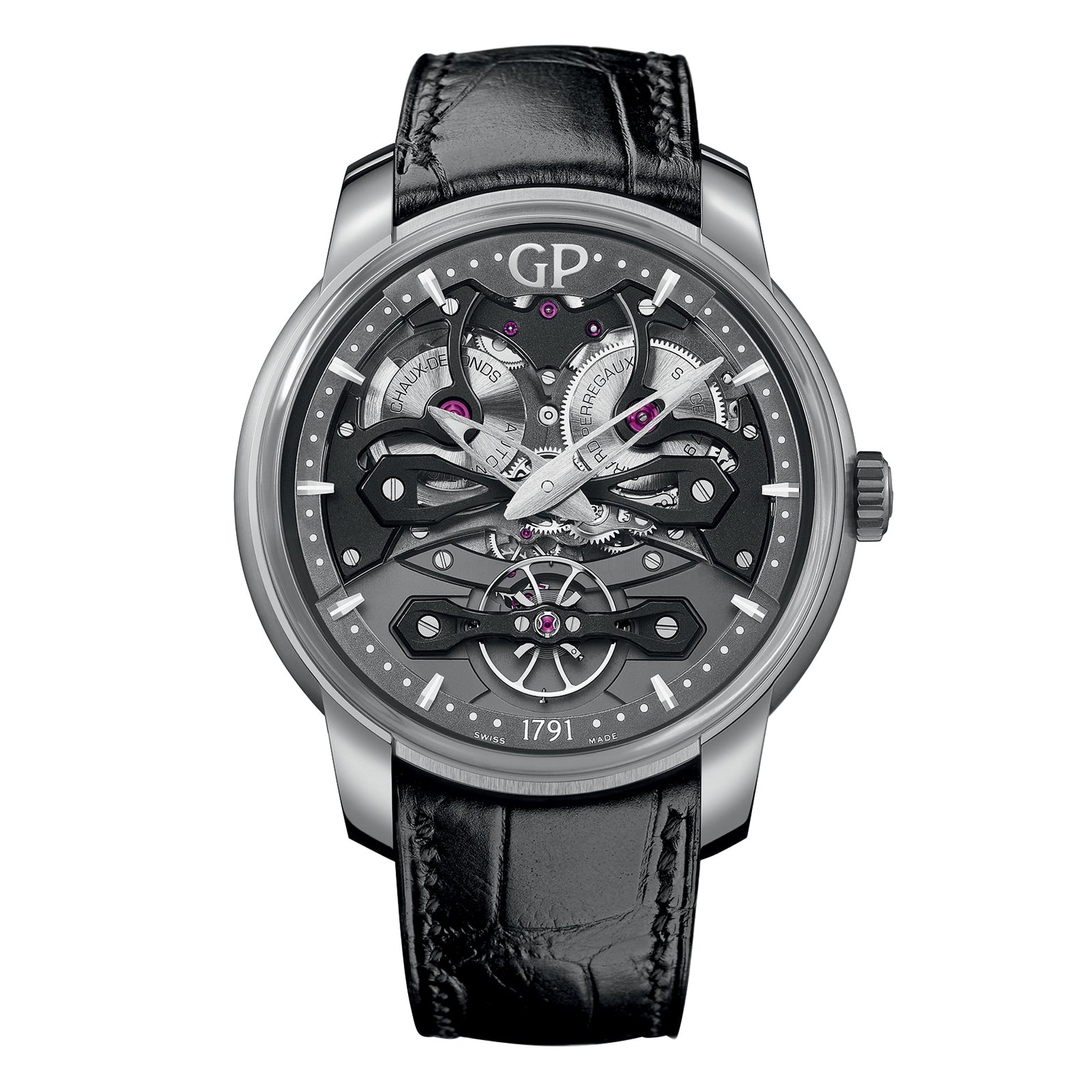 The Girard-Perregaux Neo Bridges features a black leather strap, exposed mechanical movement, silver case, and the signature GP logo atop the dial.
