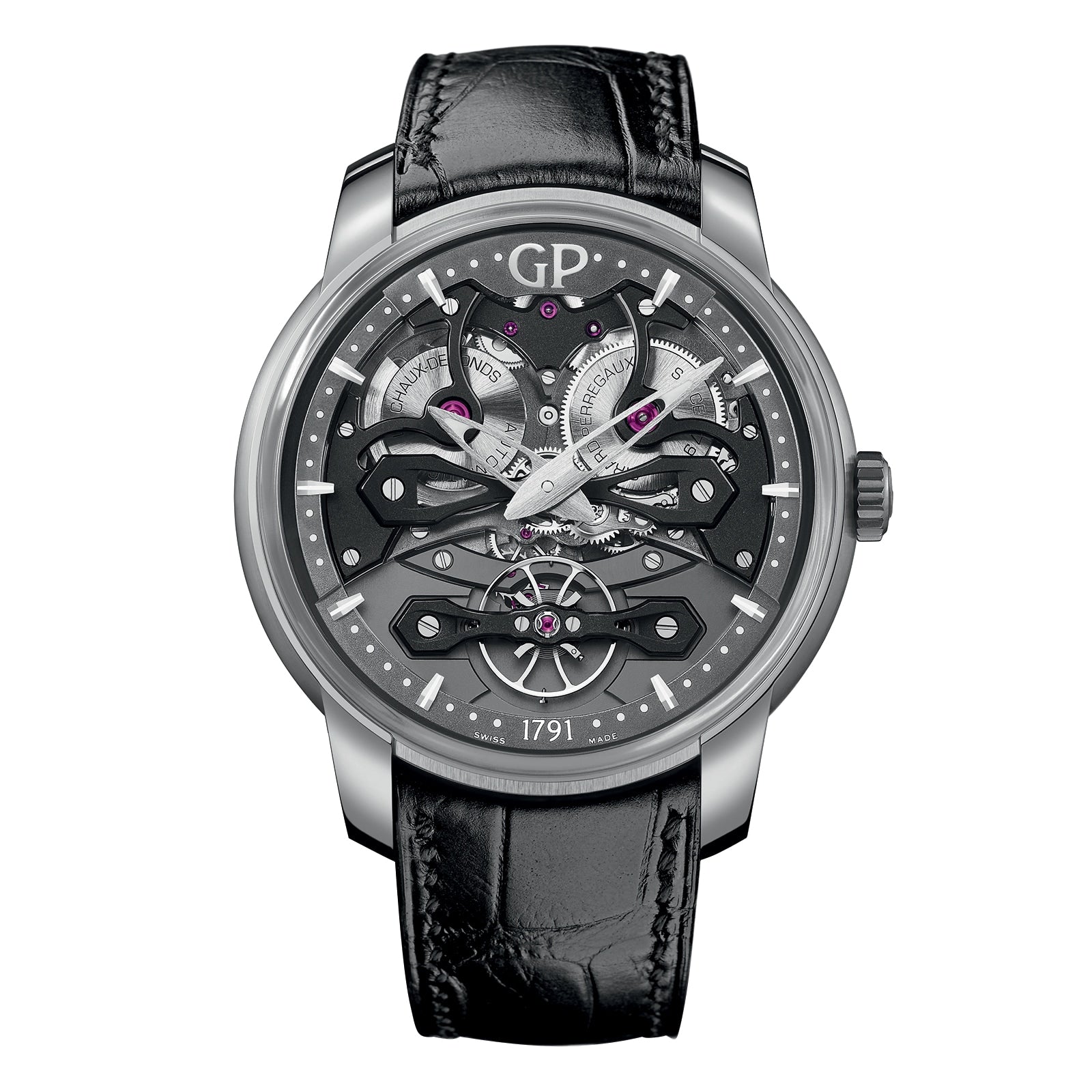 The Girard-Perregaux Neo Bridges features a black leather strap, exposed mechanical movement, silver case, and the signature GP logo atop the dial.