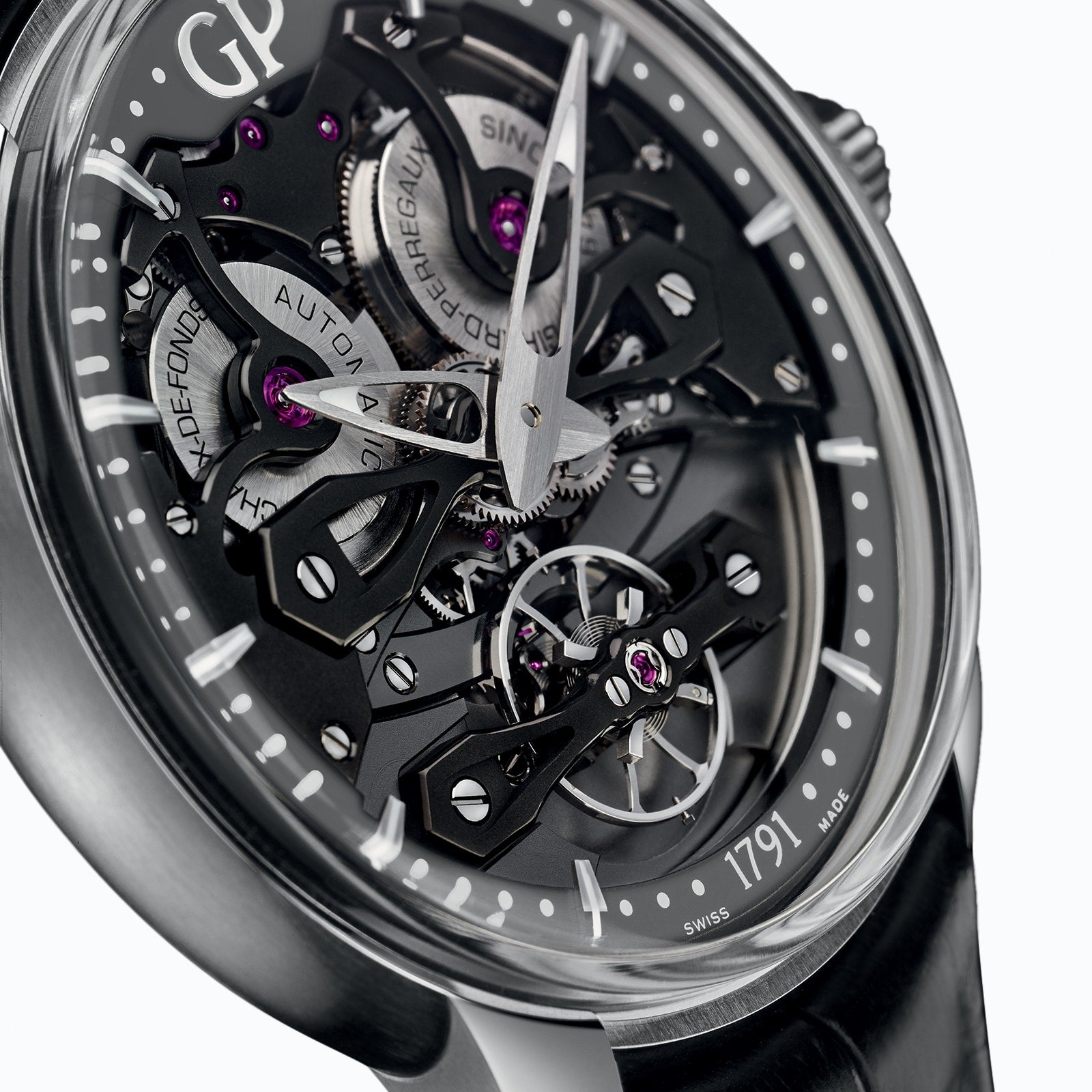 Close-up of the Girard-Perregaux Neo Bridges watch, showcasing its skeleton design with black bridges, visible gears, purple jewels, automatic movement, and a sleek black leather strap.