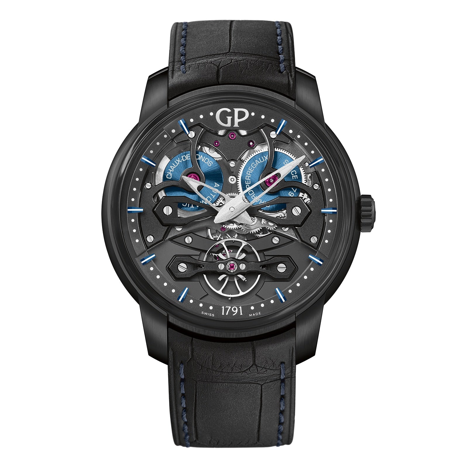 The Neo Bridges Earth To Sky Edition by Girard-Perregaux is a luxury black wristwatch with a skeleton dial, blue accents, metallic details, exposed gears, the GP logo at the top, and a black leather strap—a refined Neo Bridges collection piece.