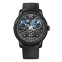 The Neo Bridges Earth To Sky Edition by Girard-Perregaux is a luxury black wristwatch with a skeleton dial, blue accents, metallic details, exposed gears, the GP logo at the top, and a black leather strap—a refined Neo Bridges collection piece.