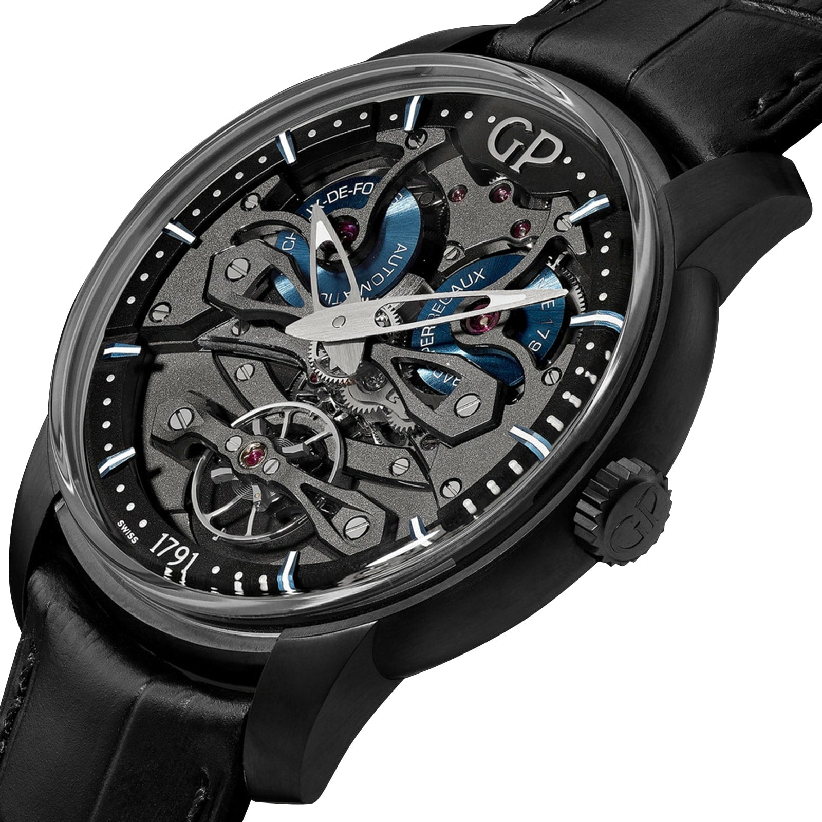 A close-up of the Girard-Perregaux Neo Bridges Earth To Sky Edition shows visible gears, a black case, black leather strap, and blue dial accents. The luxury skeleton watch displays intricate mechanical details.