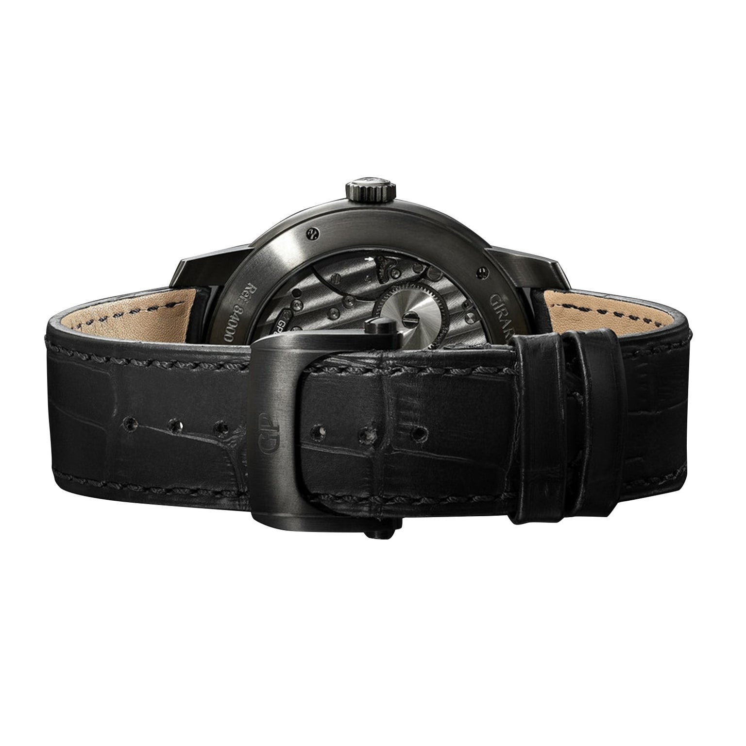 Rear view of the Girard-Perregaux Neo Bridges Earth To Sky Edition, showcasing its black leather strap, detailed clasp and stitching, plus the exposed mechanical movement visible through the transparent case back.