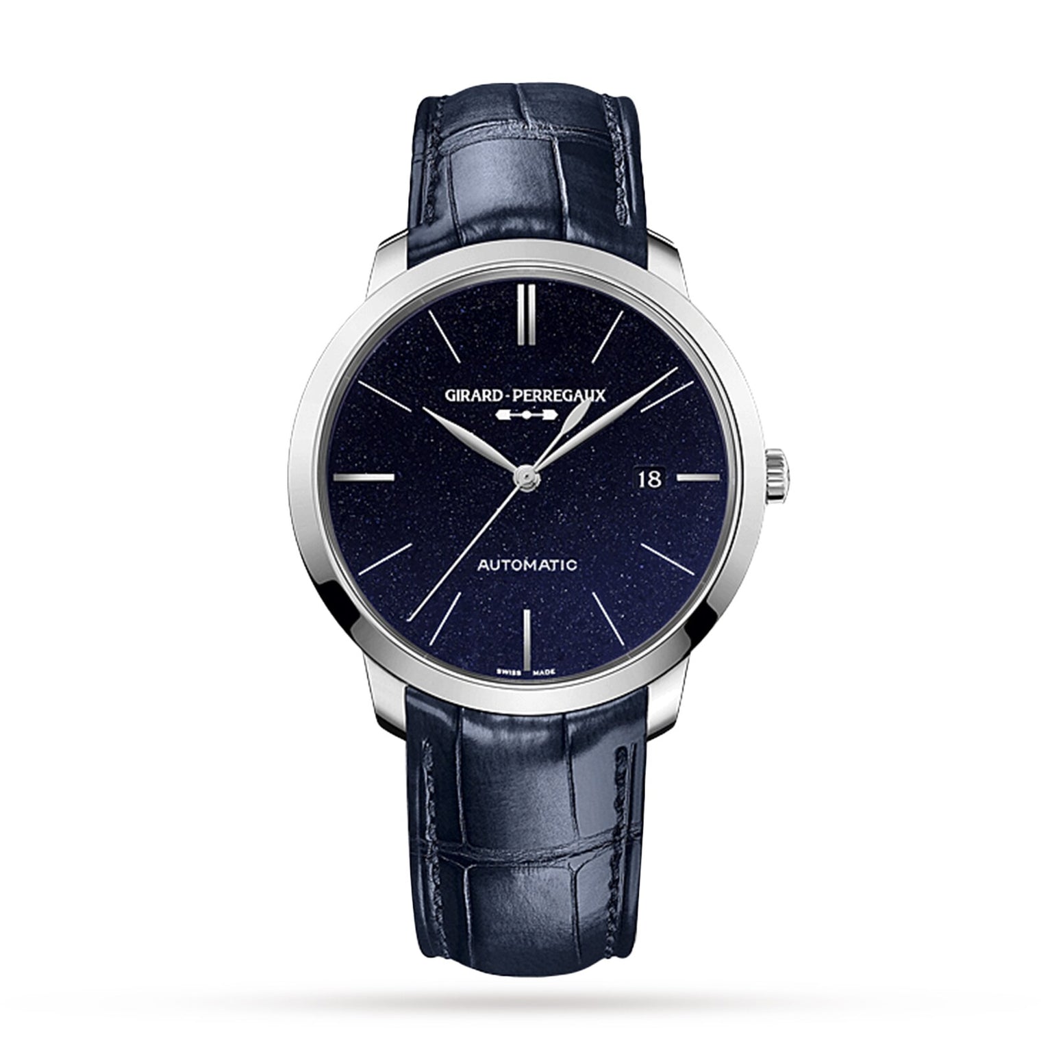 The Girard-Perregaux 1966 Orion is a luxury wristwatch with a dark blue aventurine dial, silver hands, date display at 3 o’clock, and a blue leather strap, powered by the precise GP03300 movement.