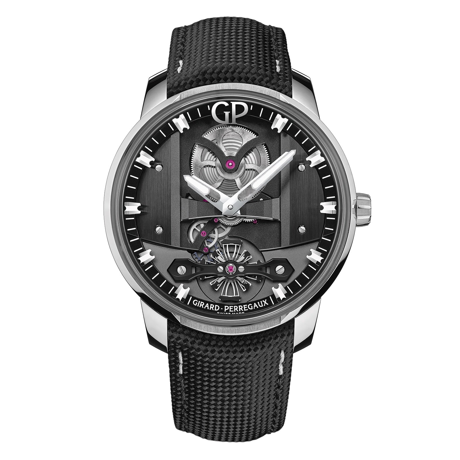 The Girard-Perregaux Free Bridge is a luxury wristwatch with a black textured strap, silver case, and exposed automatic movement on its black dial.